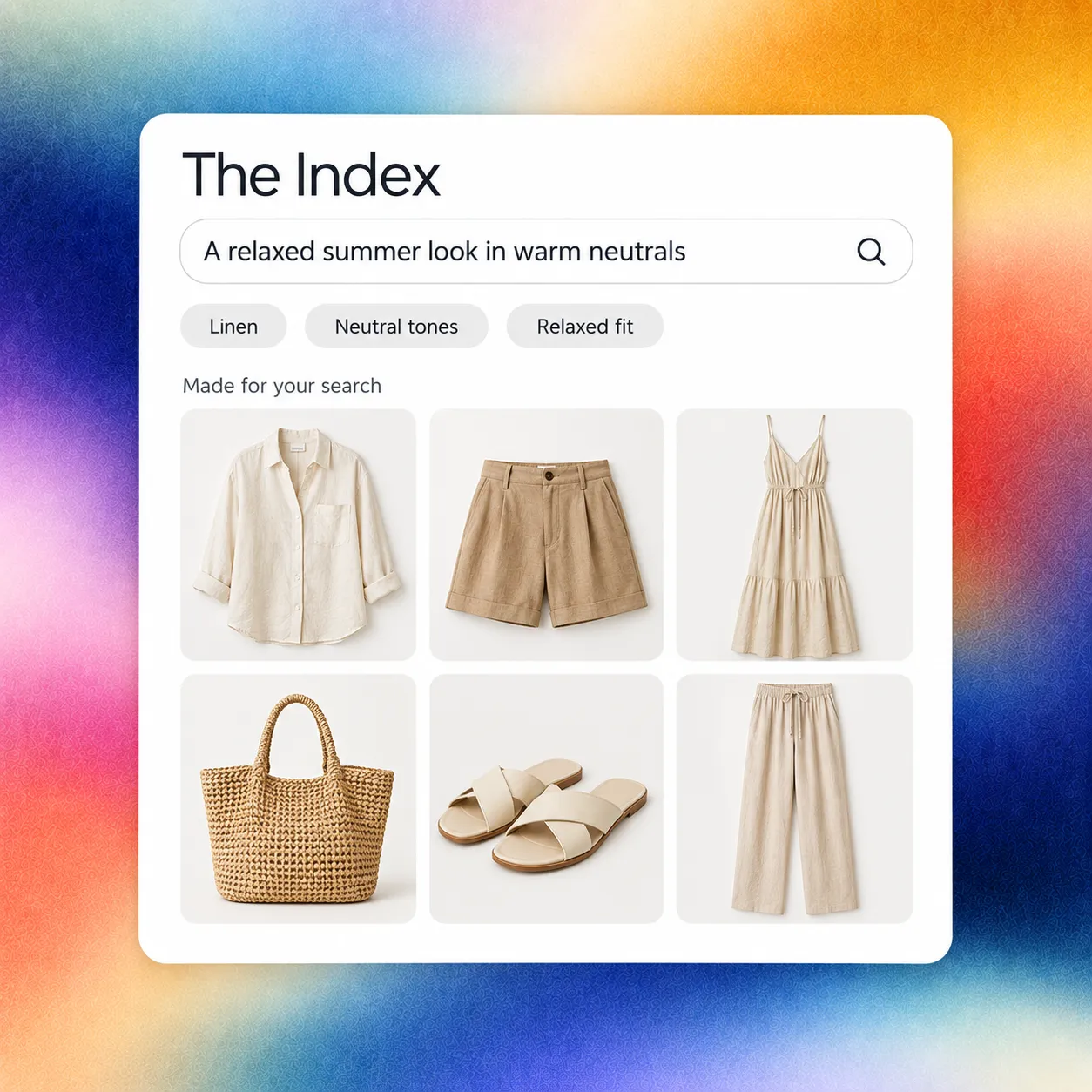 The Index search interface showing a natural language query and matching neutral summer clothing.