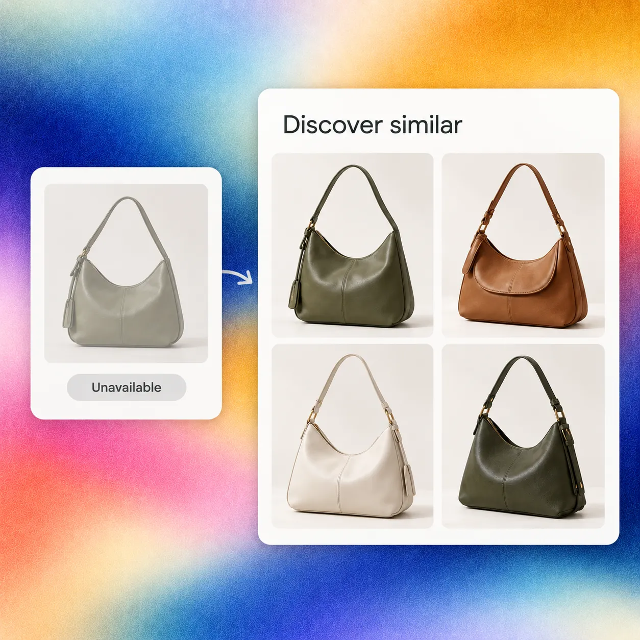 RescueGrid recommending four similar handbags when the selected product is unavailable.