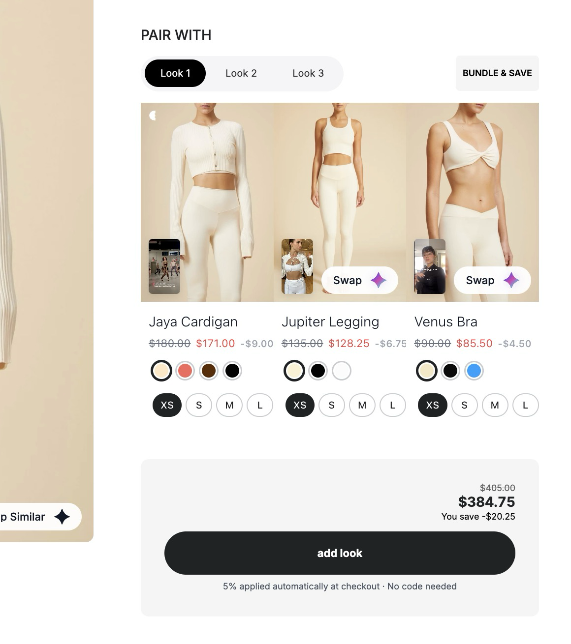 Bundles Pair With interface showing three complementary products, look tabs, product swaps, colour and size choices, and bundle savings.