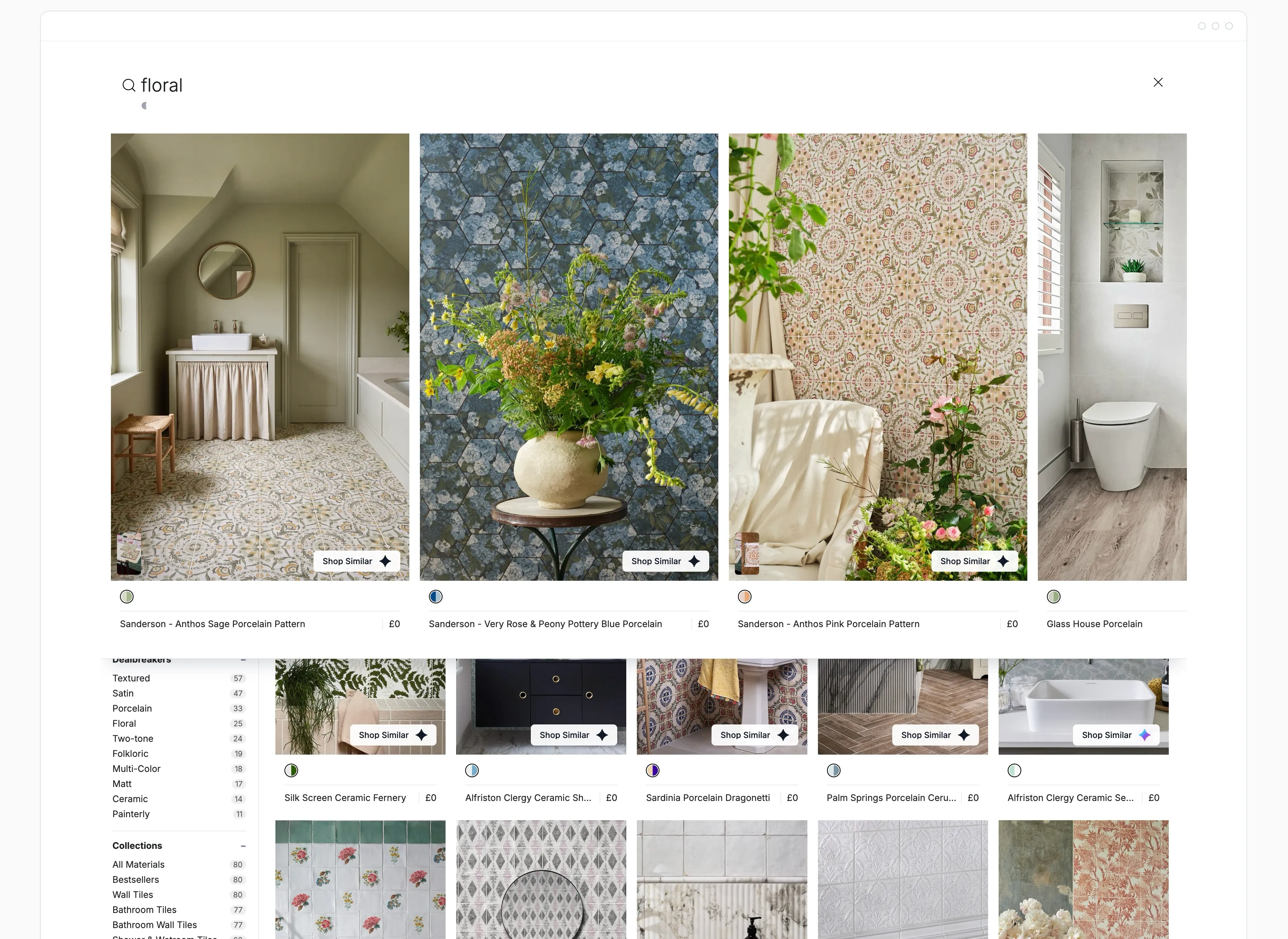The Index search interface showing a floral query, patterned tiles and interior scenes, Shop Similar buttons and collection filters.