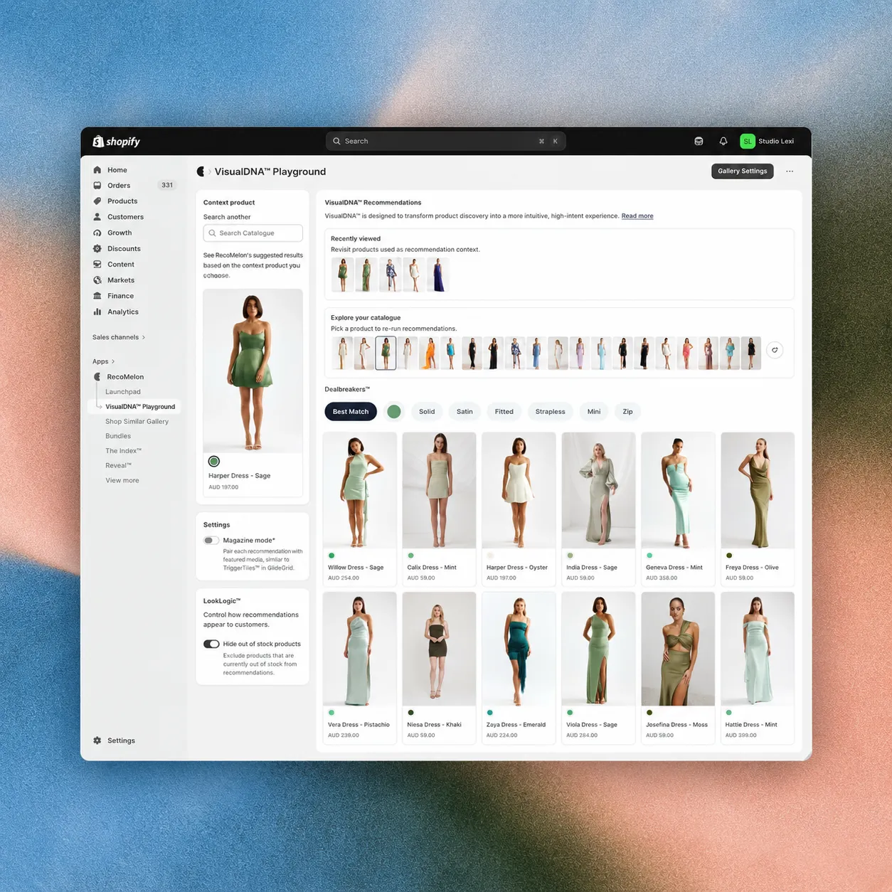 VisualDNA Playground in Shopify showing a sage green dress and visually related recommendations on a textured blue and peach background.