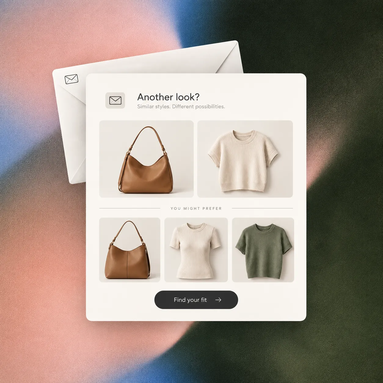 SecondLook recovery email with a handbag, knitwear and visually matched alternatives on a textured peach, blue and dark green background.