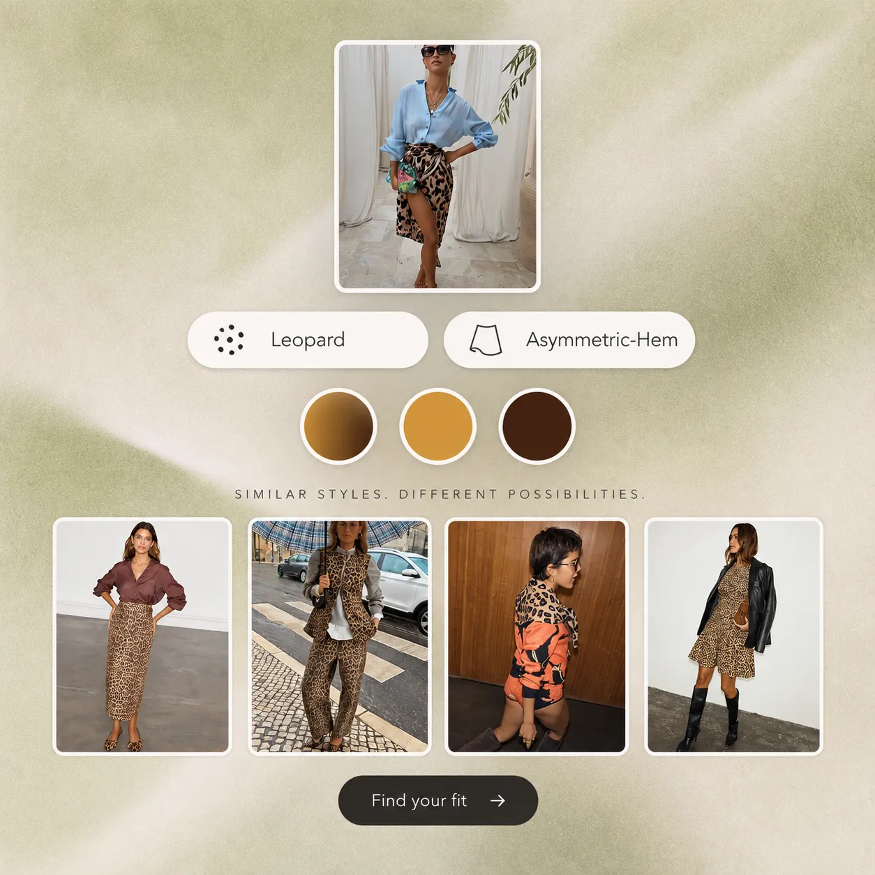 Product intelligence illustration showing leopard pattern, asymmetric hem and colour attributes alongside visually related fashion looks on a textured neutral background.