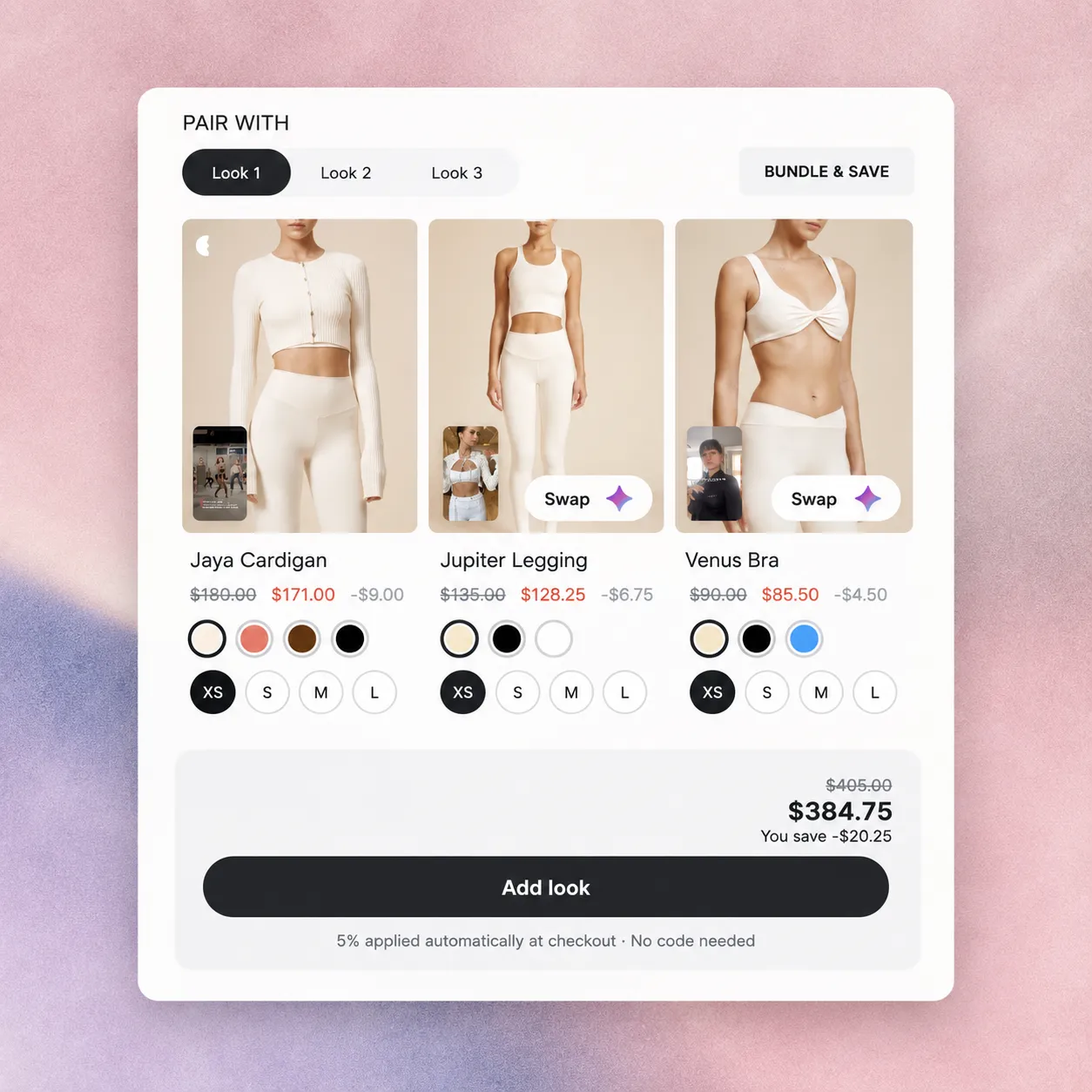 Bundles Pair With interface showing complementary clothing, look tabs, product swaps, variant choices and bundle savings on a textured pink and lavender background.