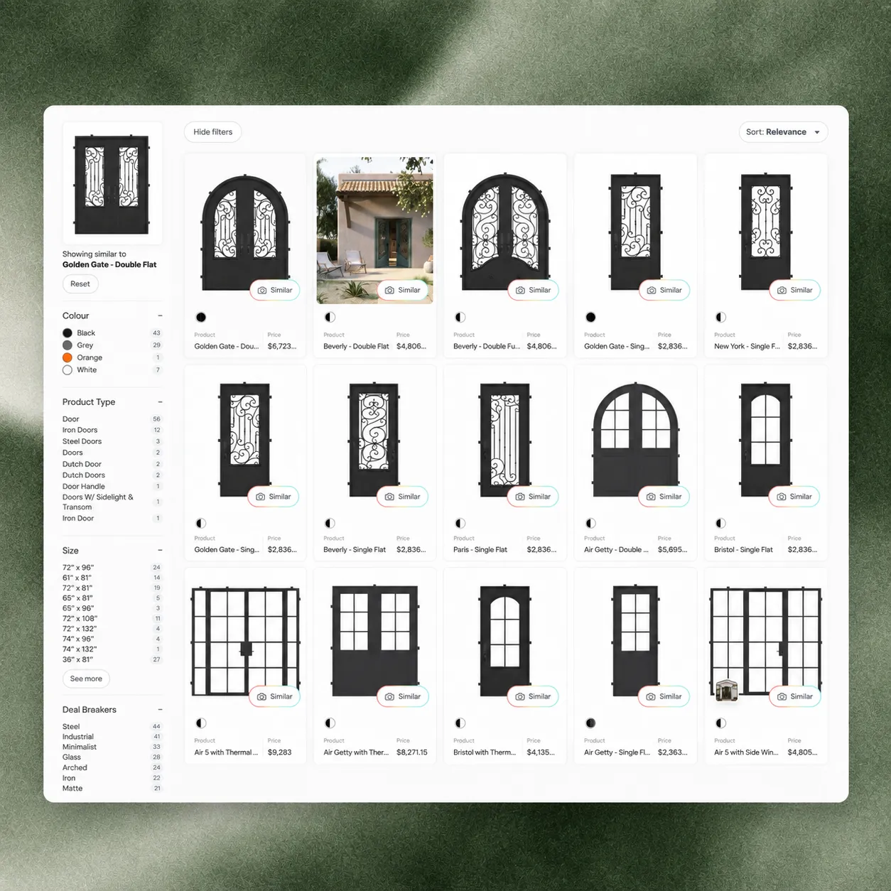 Door catalogue with visually similar products and colour, product type, size and attribute filters on a textured green background.