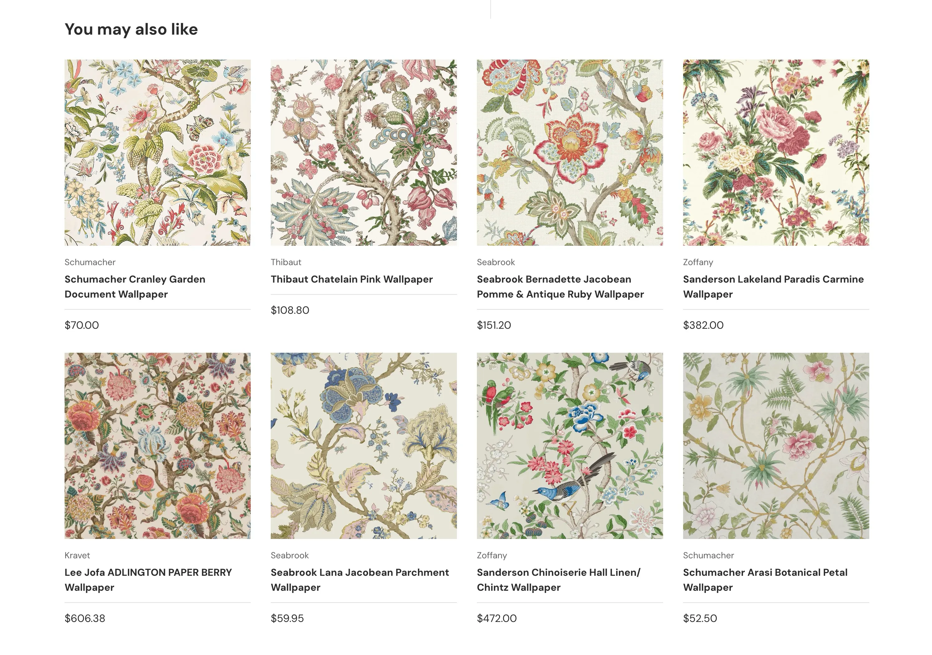 Shop Similar gallery showing eight visually related floral wallpapers with product names and prices.