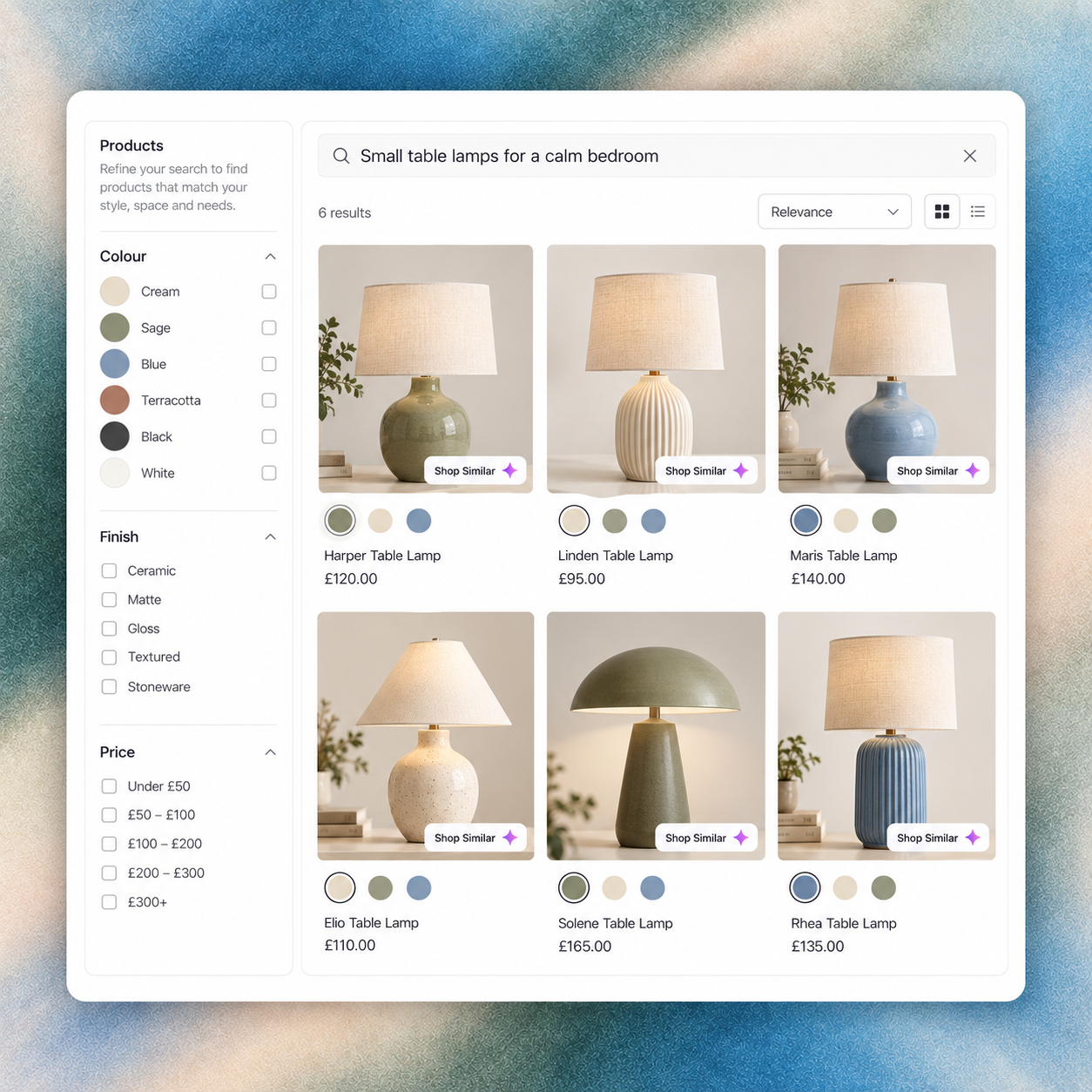 RecoMelon natural-language search for bedroom table lamps with colour and finish filters and visual product results.