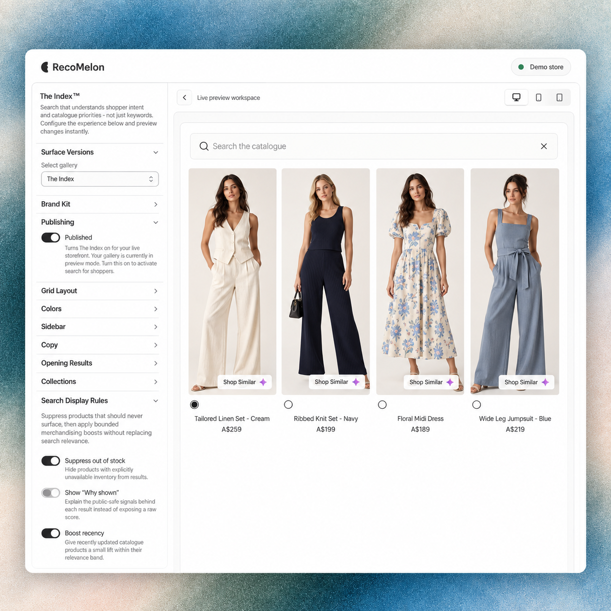 RecoMelon The Index designer with merchandising controls and a varied fashion assortment preview.