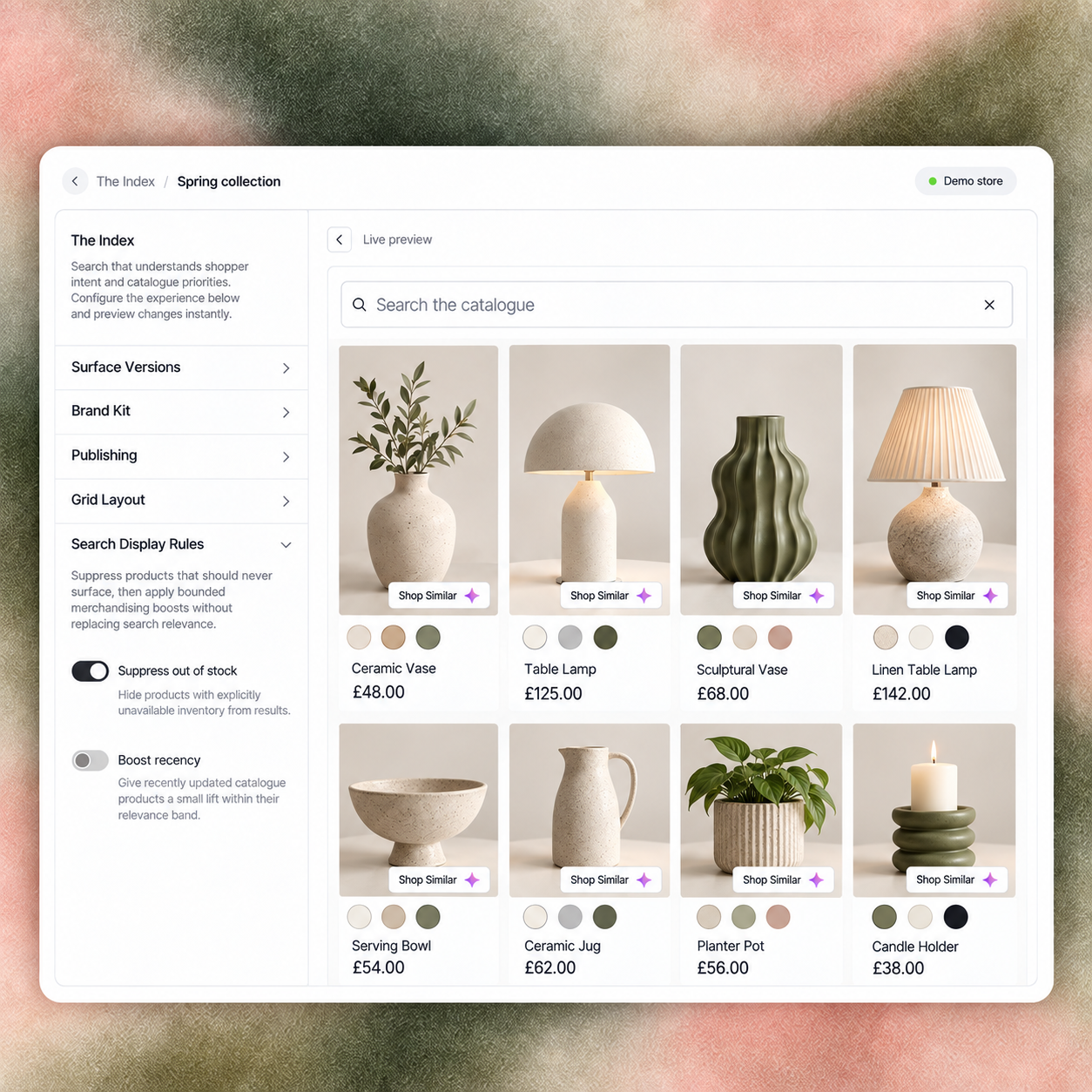 RecoMelon The Index designer with merchandising settings and a populated home décor collection preview.