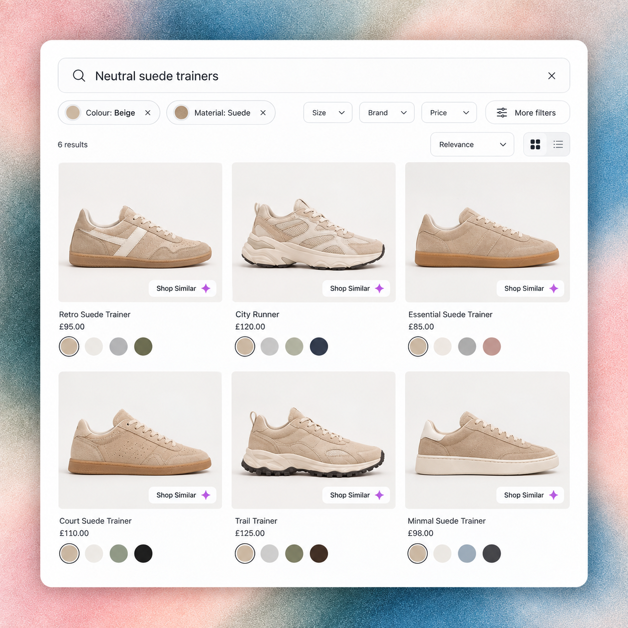 RecoMelon search results for neutral suede trainers with colour swatches, material filters and Shop Similar controls.