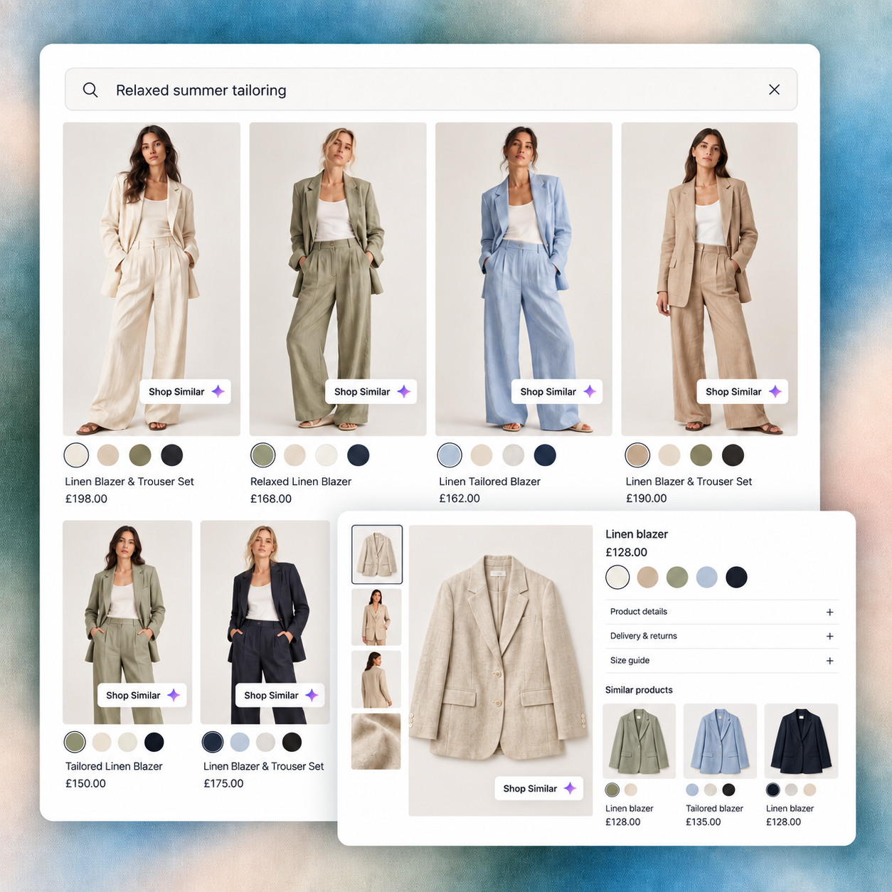 RecoMelon summer tailoring search results alongside a linen blazer product panel with visually related jacket alternatives.