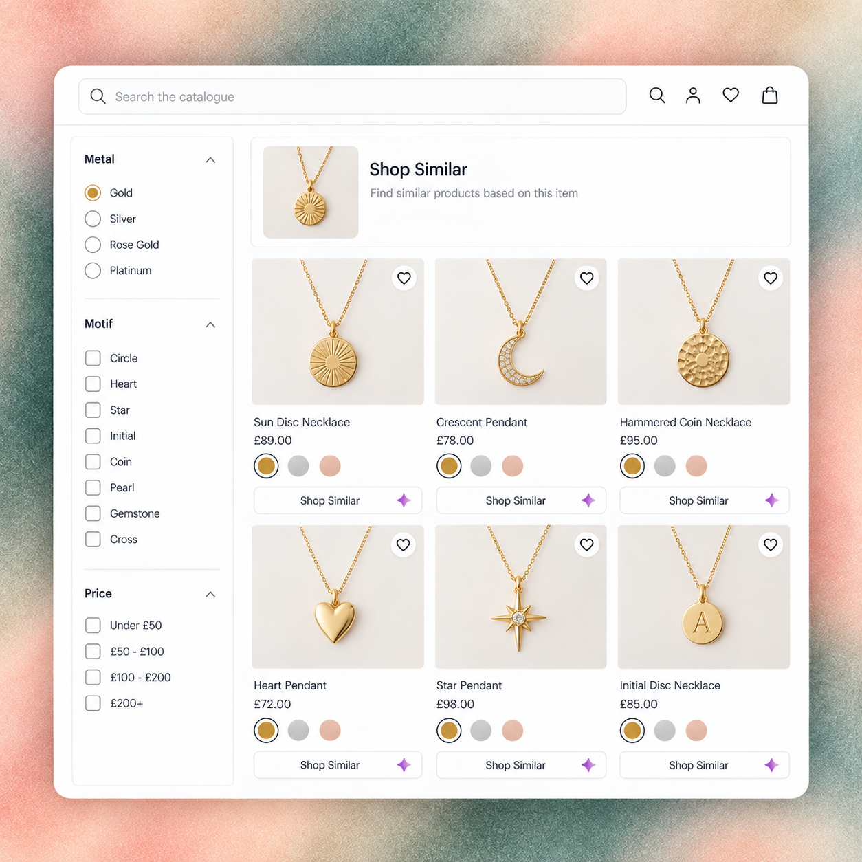 RecoMelon Shop Similar jewellery results showing gold pendants with metal, motif and price filters.
