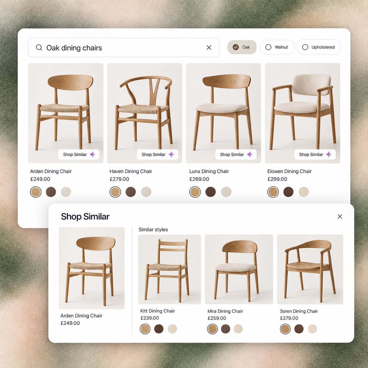 RecoMelon oak dining chair search results with an overlapping Shop Similar panel of related wooden chairs.
