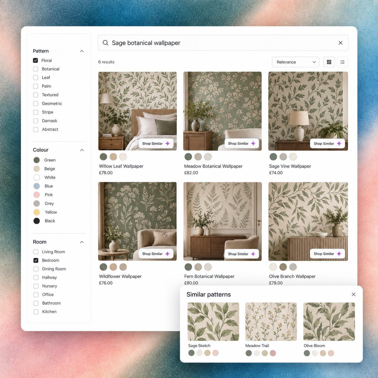 RecoMelon home décor search showing botanical wallpaper, pattern and colour filters, and visually related wallpaper recommendations.