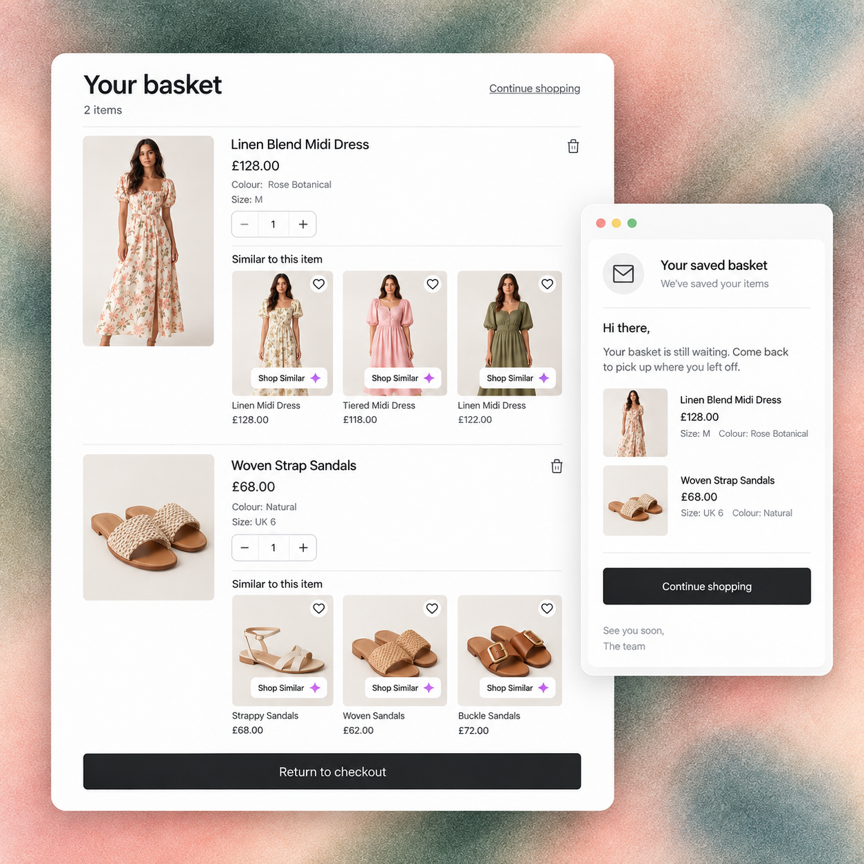 Lifecycle email preview showing basket products and visually related alternatives in a RecoMelon recovery journey.