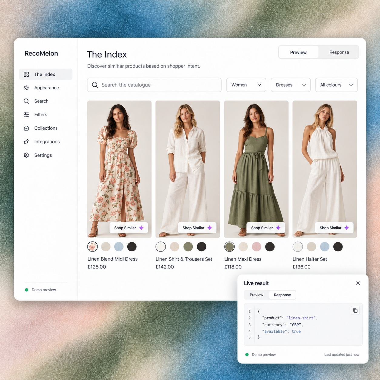 Product interface showing structured catalogue data beside a rendered RecoMelon storefront recommendation component.