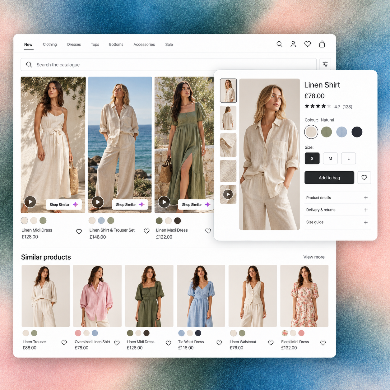 Shoppable content gallery with lifestyle media and related product recommendations in a visual commerce interface.