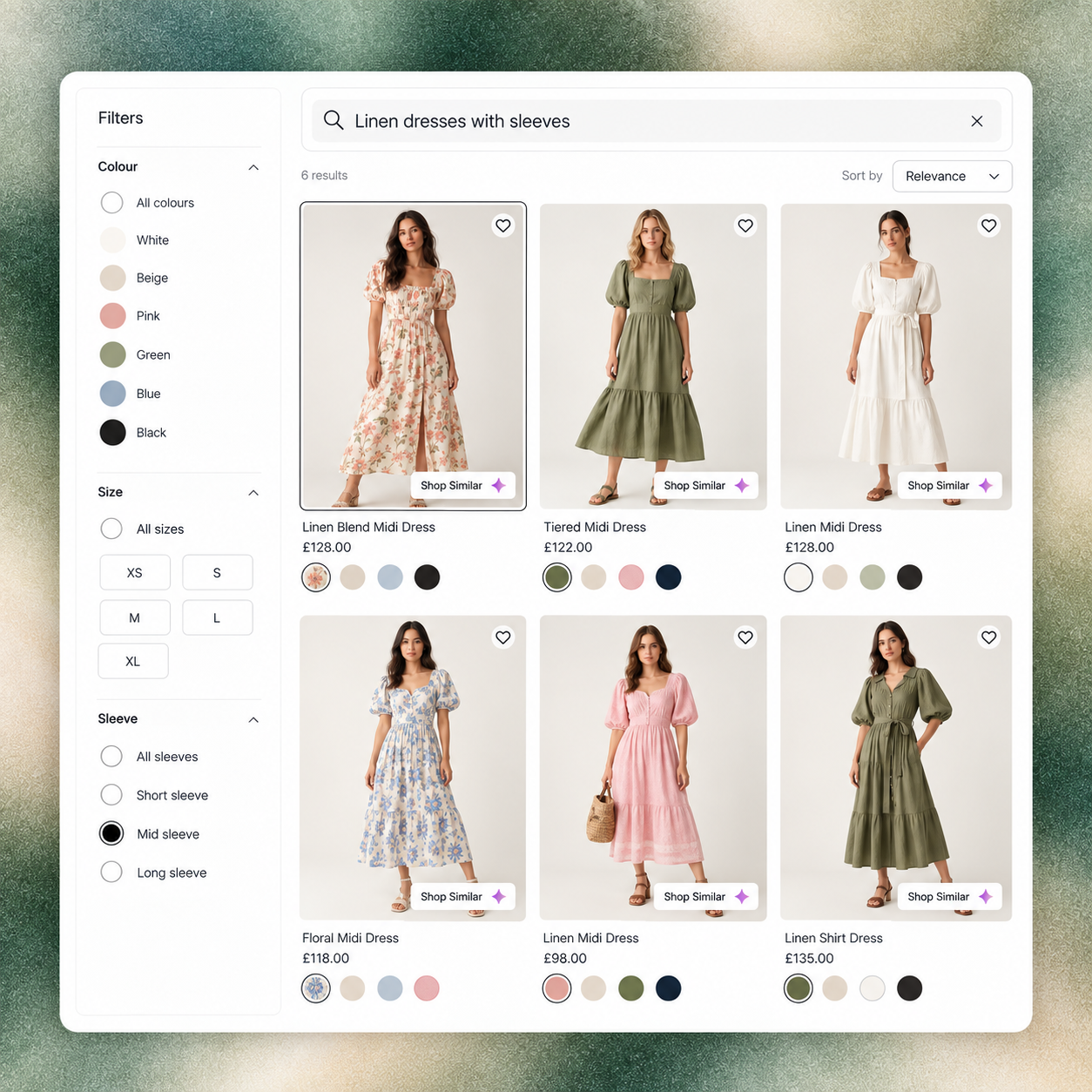 RecoMelon product search for linen dresses with sleeve, colour and size filters, model photography and Shop Similar controls.
