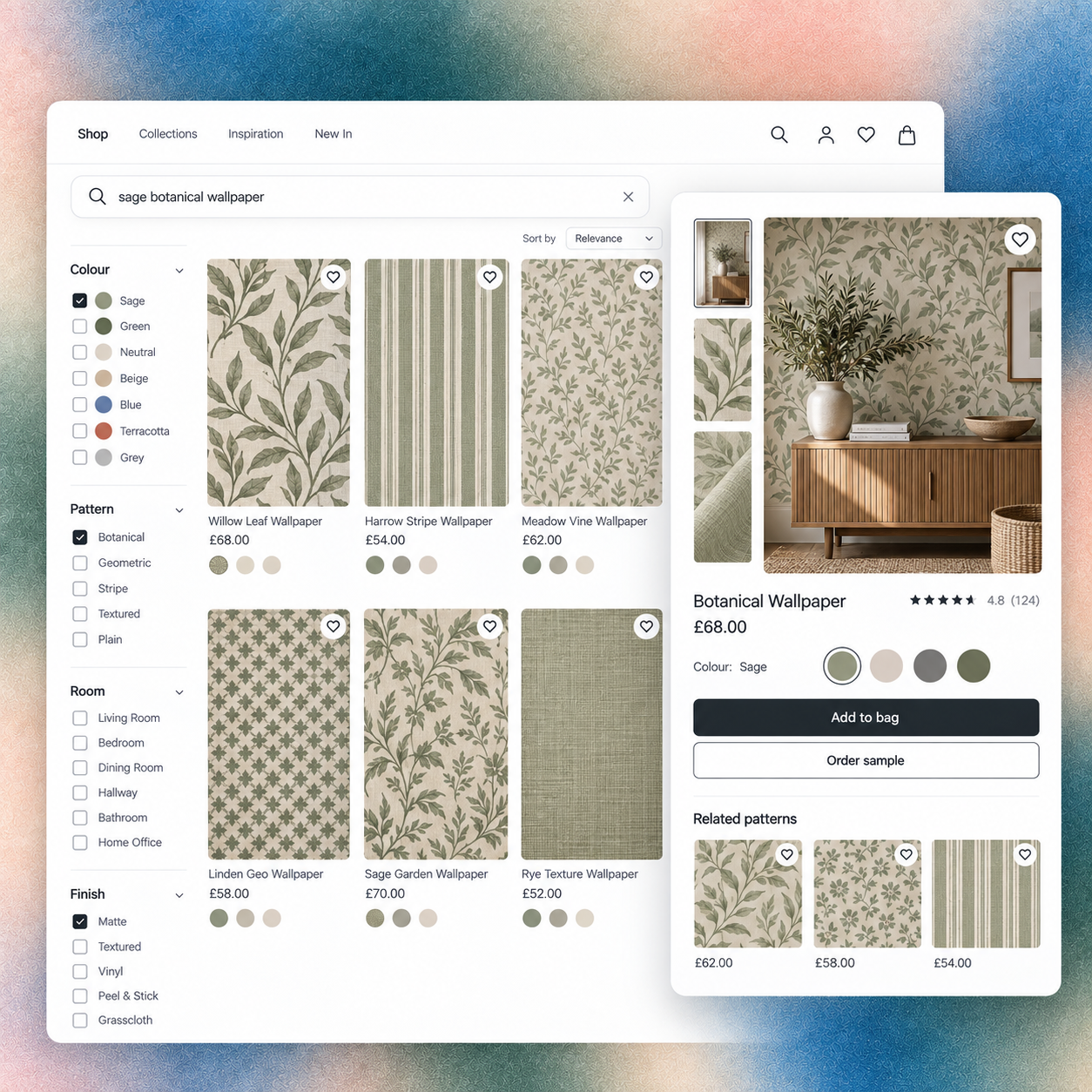 RecoMelon home décor product discovery interface with botanical wallpaper, room context and related pattern recommendations.