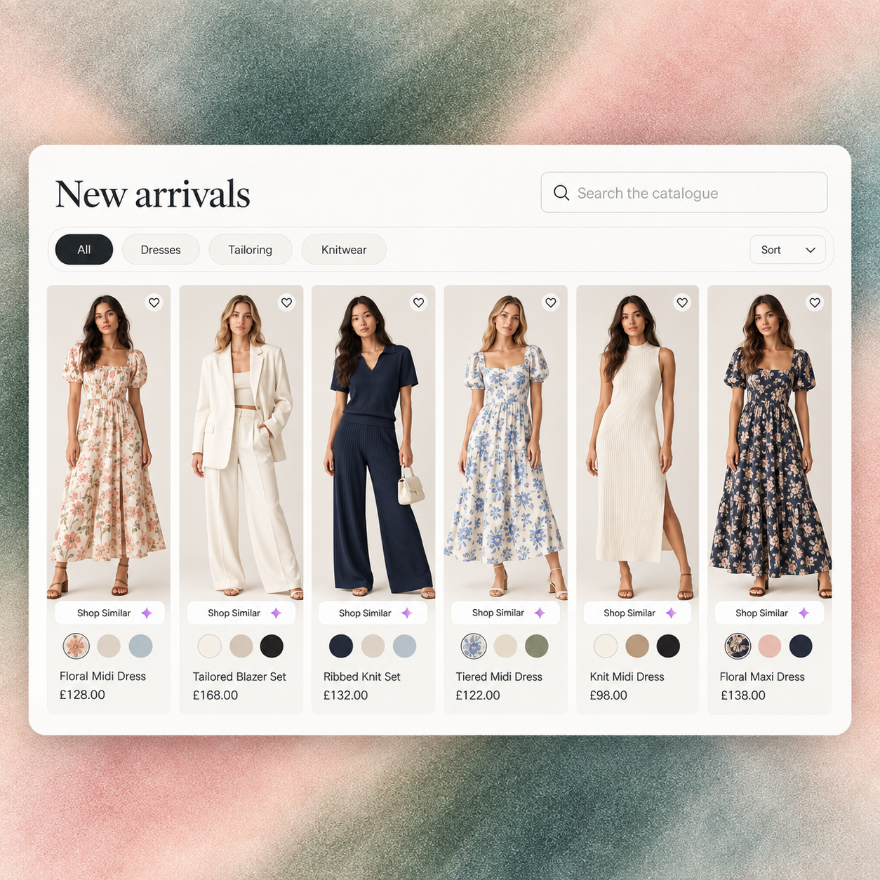 RecoMelon New Arrivals fashion collection with varied tailoring, dresses and knitwear, category filters and Shop Similar controls.
