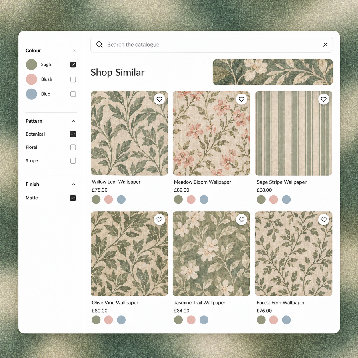 RecoMelon Shop Similar wallpaper grid with botanical patterns and colour, pattern and finish filters.