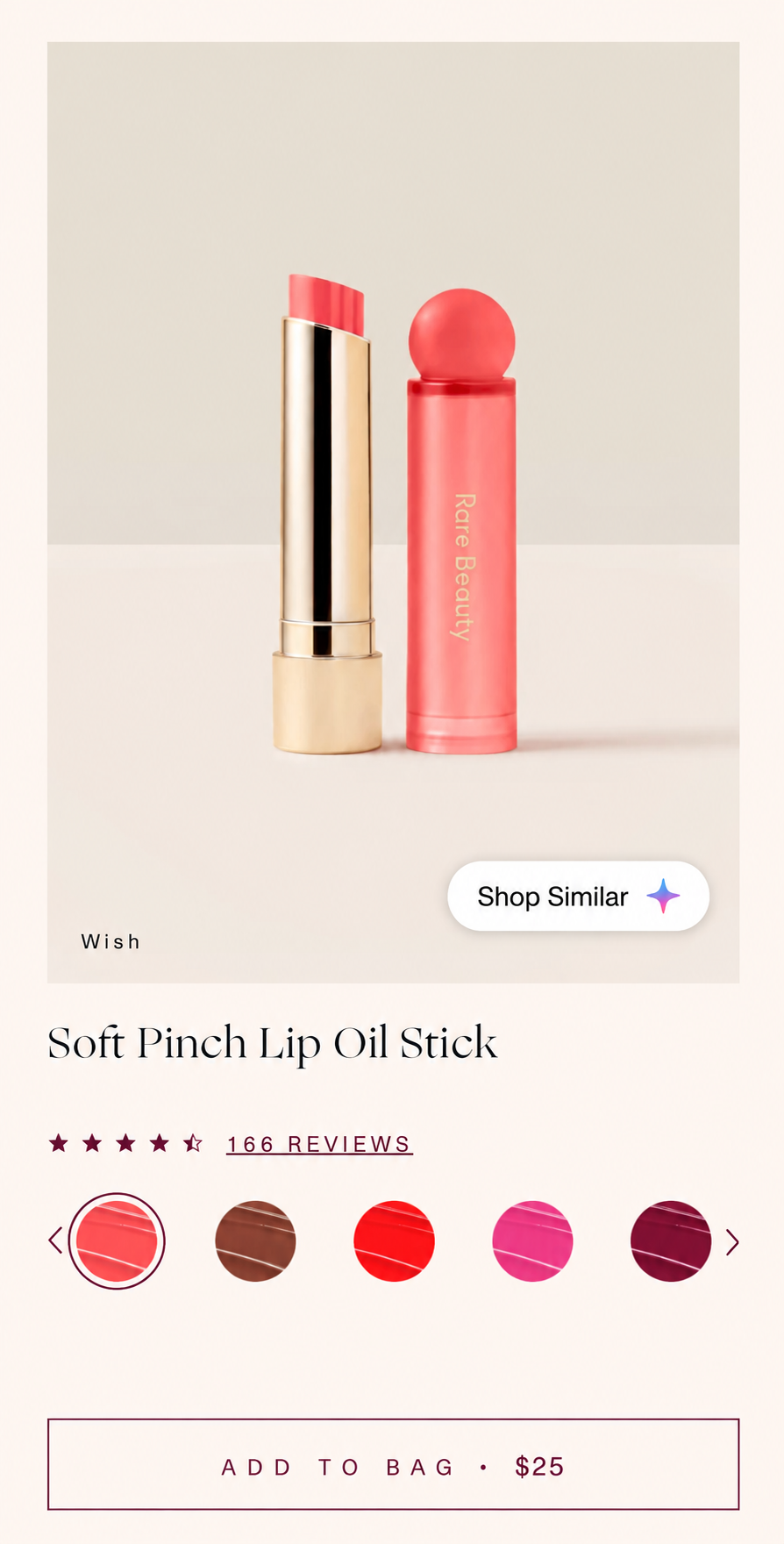 Rare Beauty Soft Pinch Lip Oil Stick product page with a white Shop Similar Reveal button and gradient sparkle overlaid on the product photo.