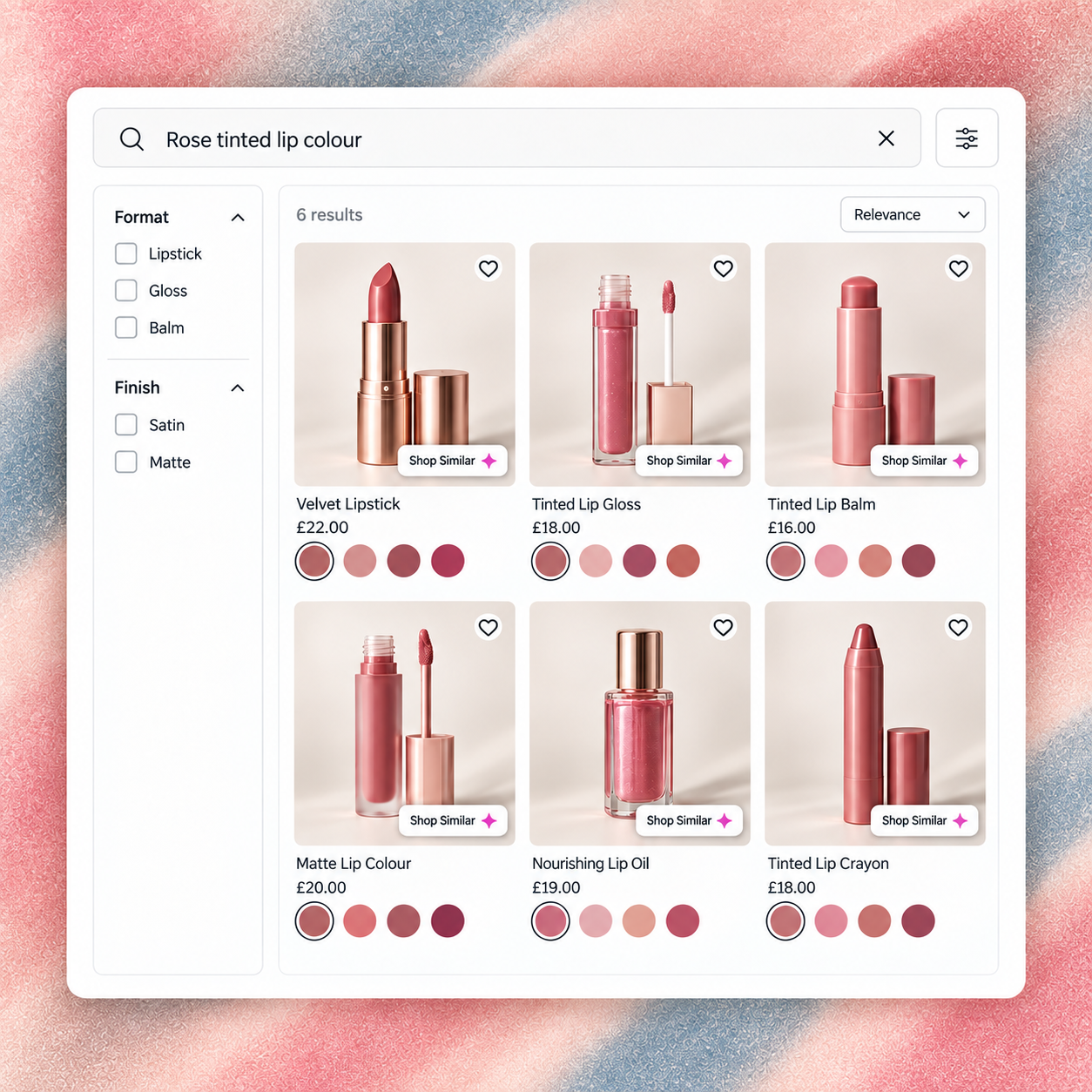 Beauty search results for rose tinted lip colour, with format and finish filters, shade swatches and Shop Similar buttons.