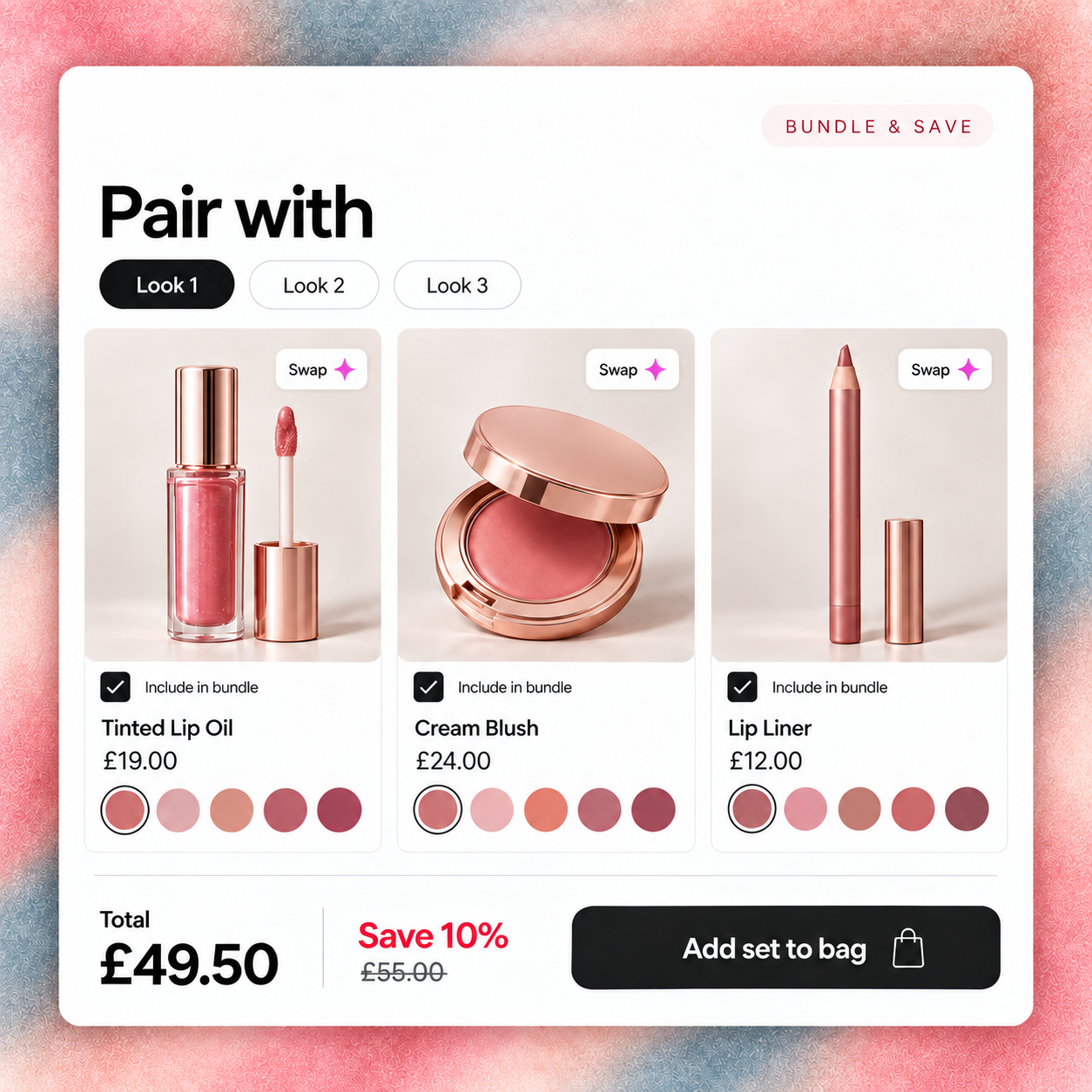Beauty bundle showing tinted lip oil, cream blush and lip liner, with look tabs, shade options, Swap controls and a discounted Add set to bag total.