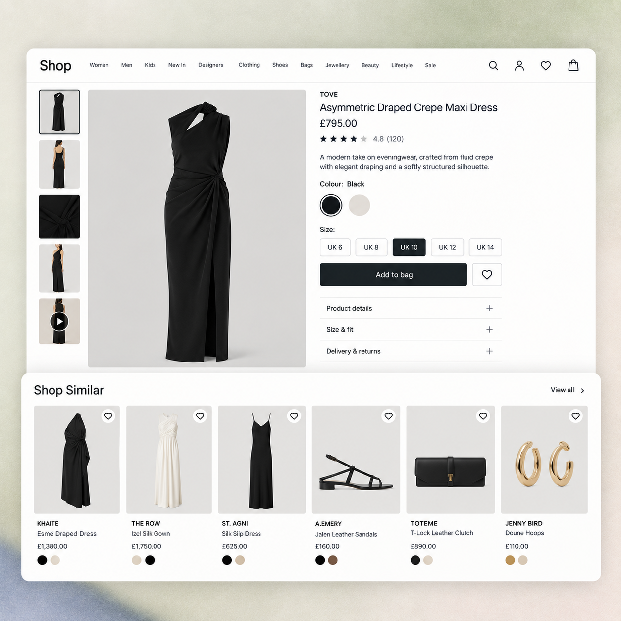 Black evening dress product page with Shop Similar recommendations spanning alternative dresses, footwear, a bag and jewellery across designer and category boundaries.