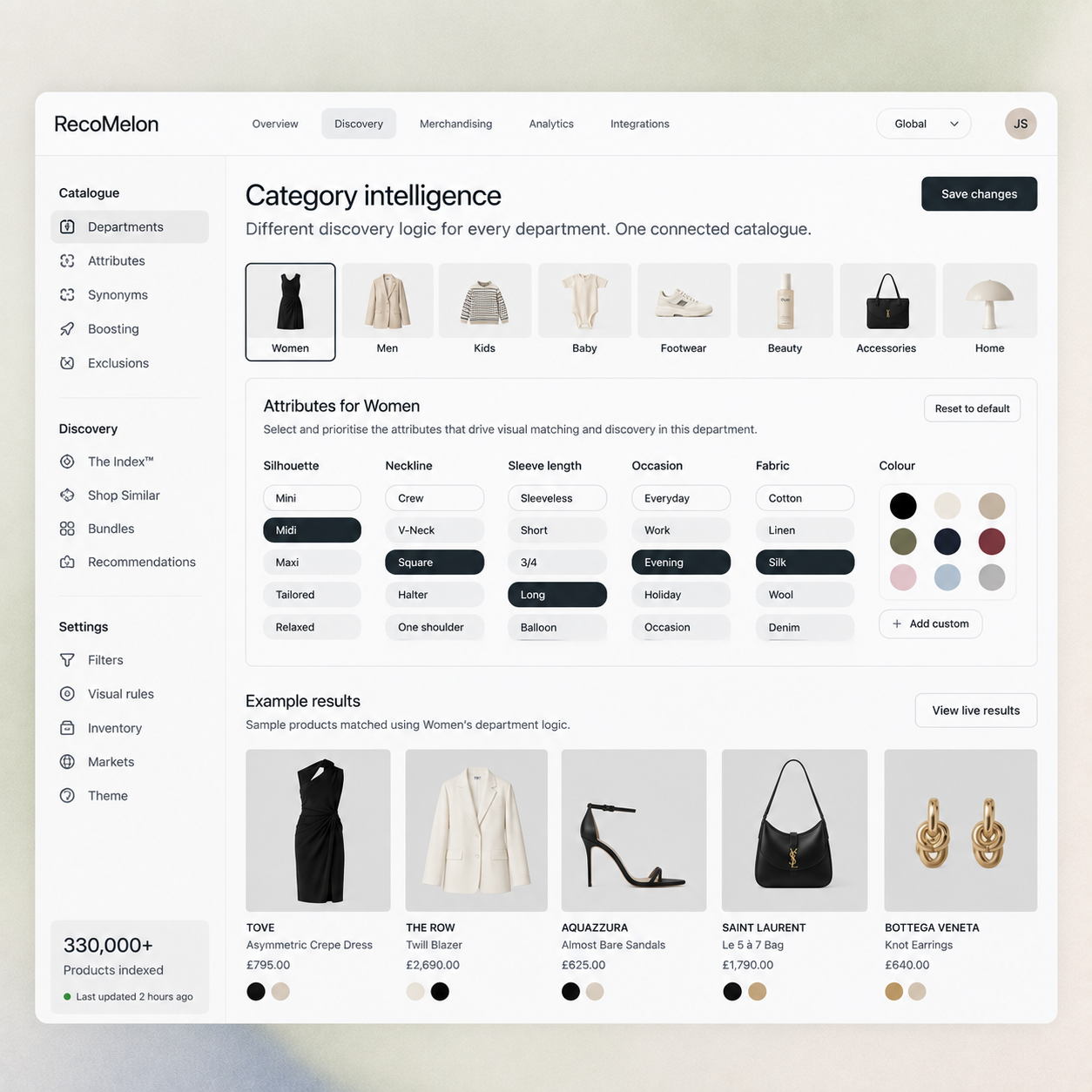 Category intelligence interface with department tabs, configurable visual attributes and example fashion products for department-specific discovery logic.