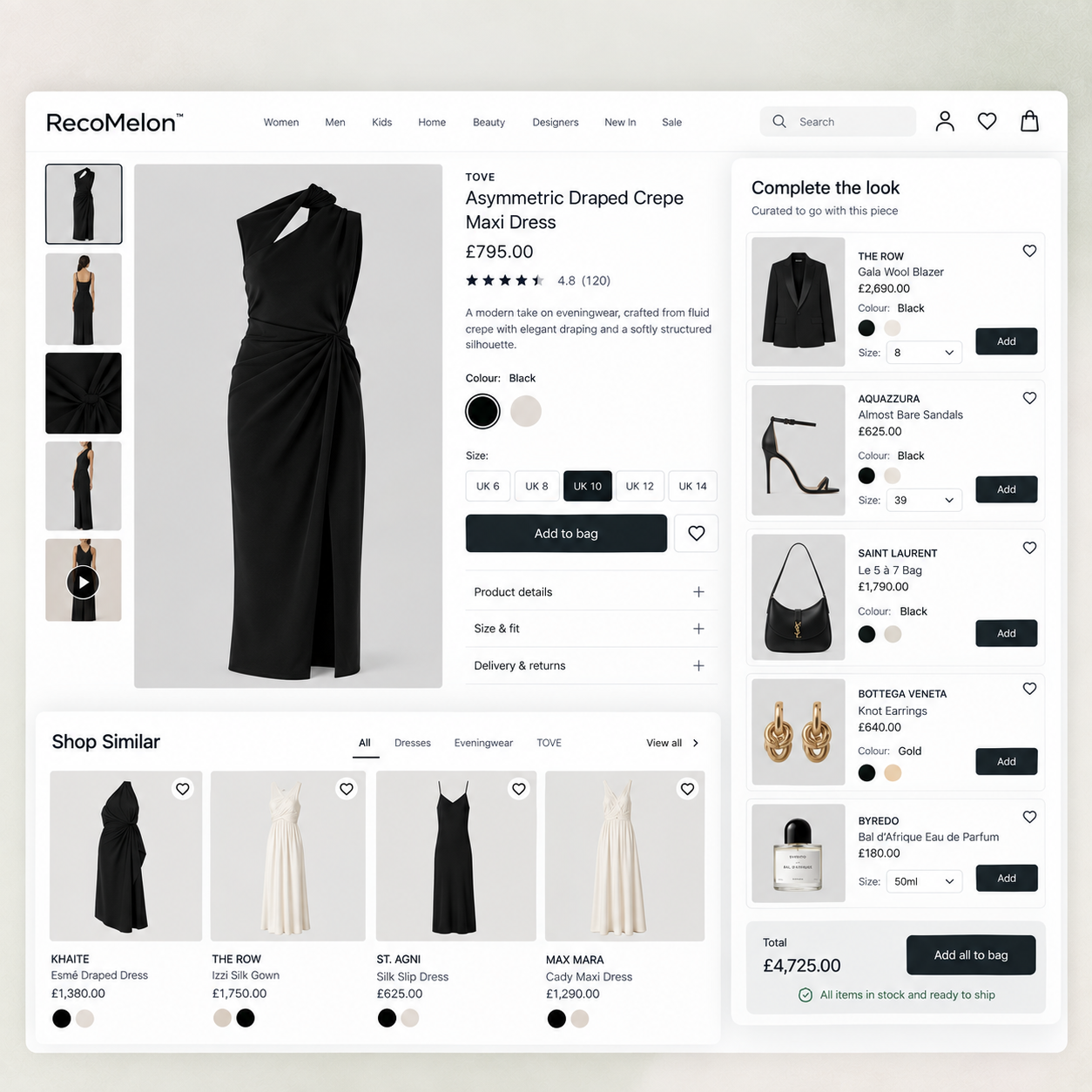 Black evening dress product page with Shop Similar alternatives and a complete-the-look basket containing a blazer, sandals, bag, earrings and fragrance, with live sizes, stock confirmation and add-to-bag controls.