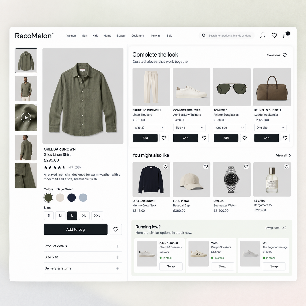 Menswear product page for an Orlebar Brown linen shirt with a cross-brand complete-the-look selection from Brunello Cucinelli, Common Projects and Tom Ford, plus in-stock trainer swaps in a Running low panel.