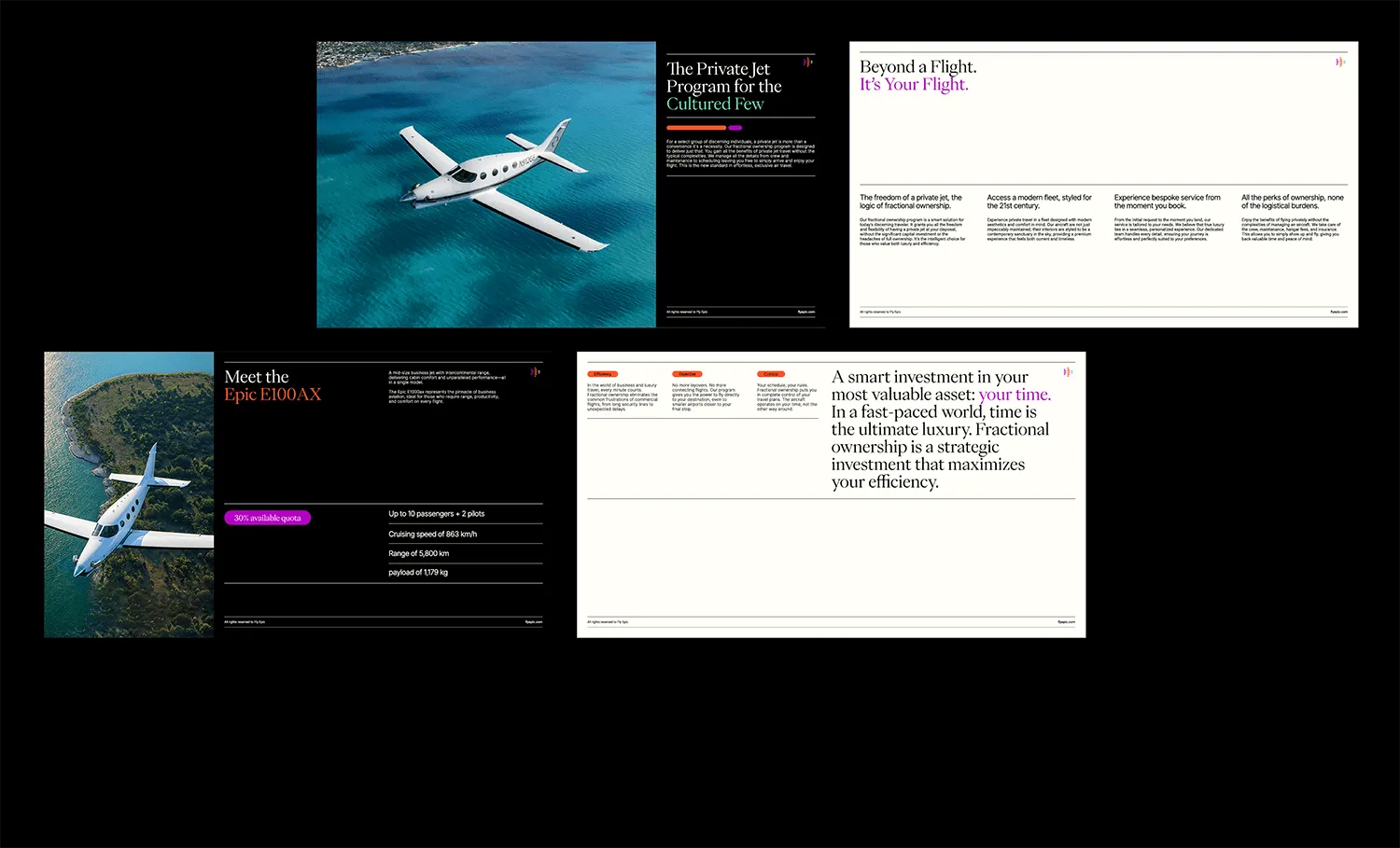 Editorial layouts featuring private jets in flight with elegant typography and refined messaging.