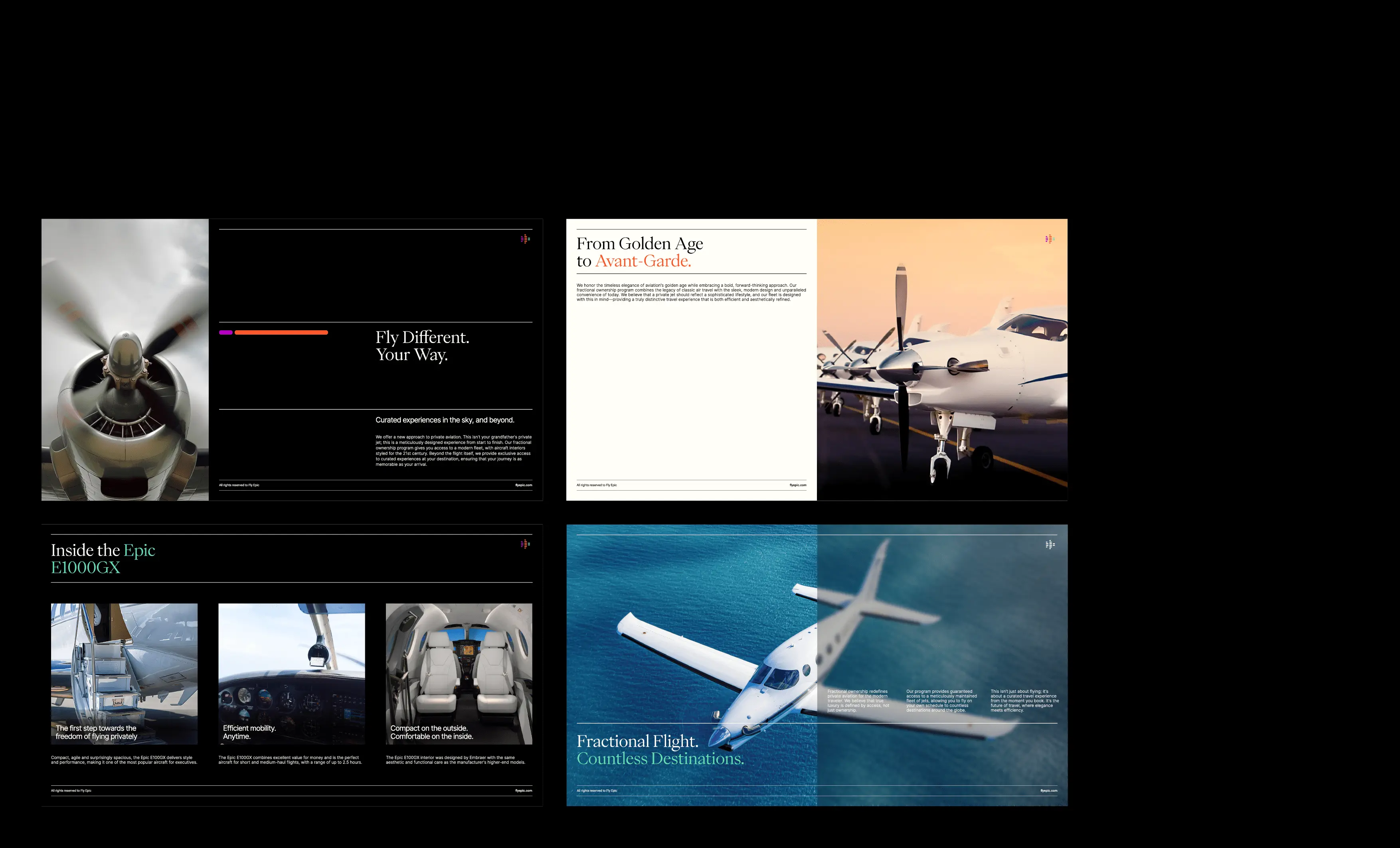 Aviation lifestyle magazine spreads showing private planes and luxury interiors.