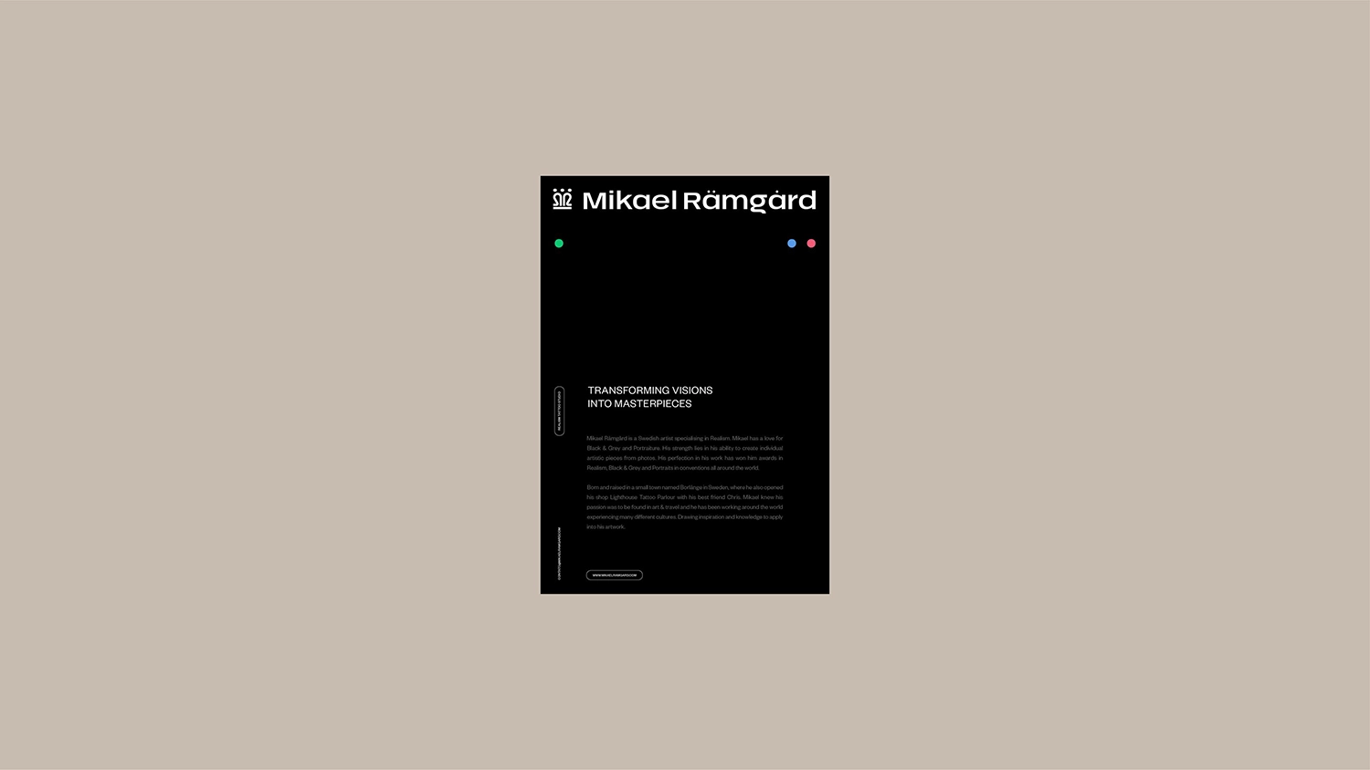 Minimal brand poster for Mikael Rämgård featuring tagline “Transforming Visions into Masterpieces.”