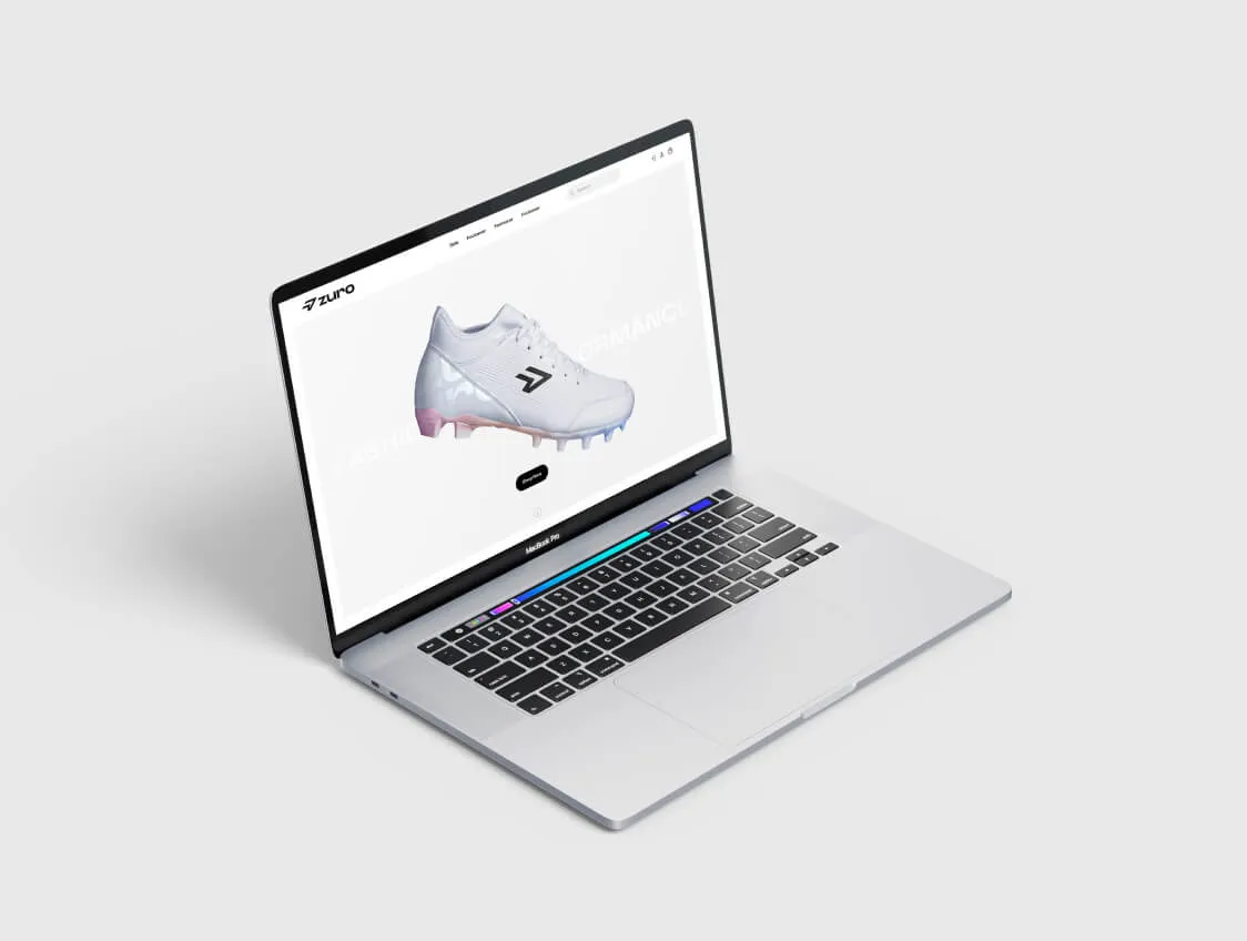 Laptop displaying Zuro’s minimalist product website with featured shoe.