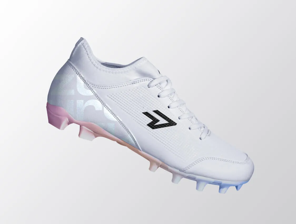 Close-up of white Zuro performance football shoe with gradient sole.