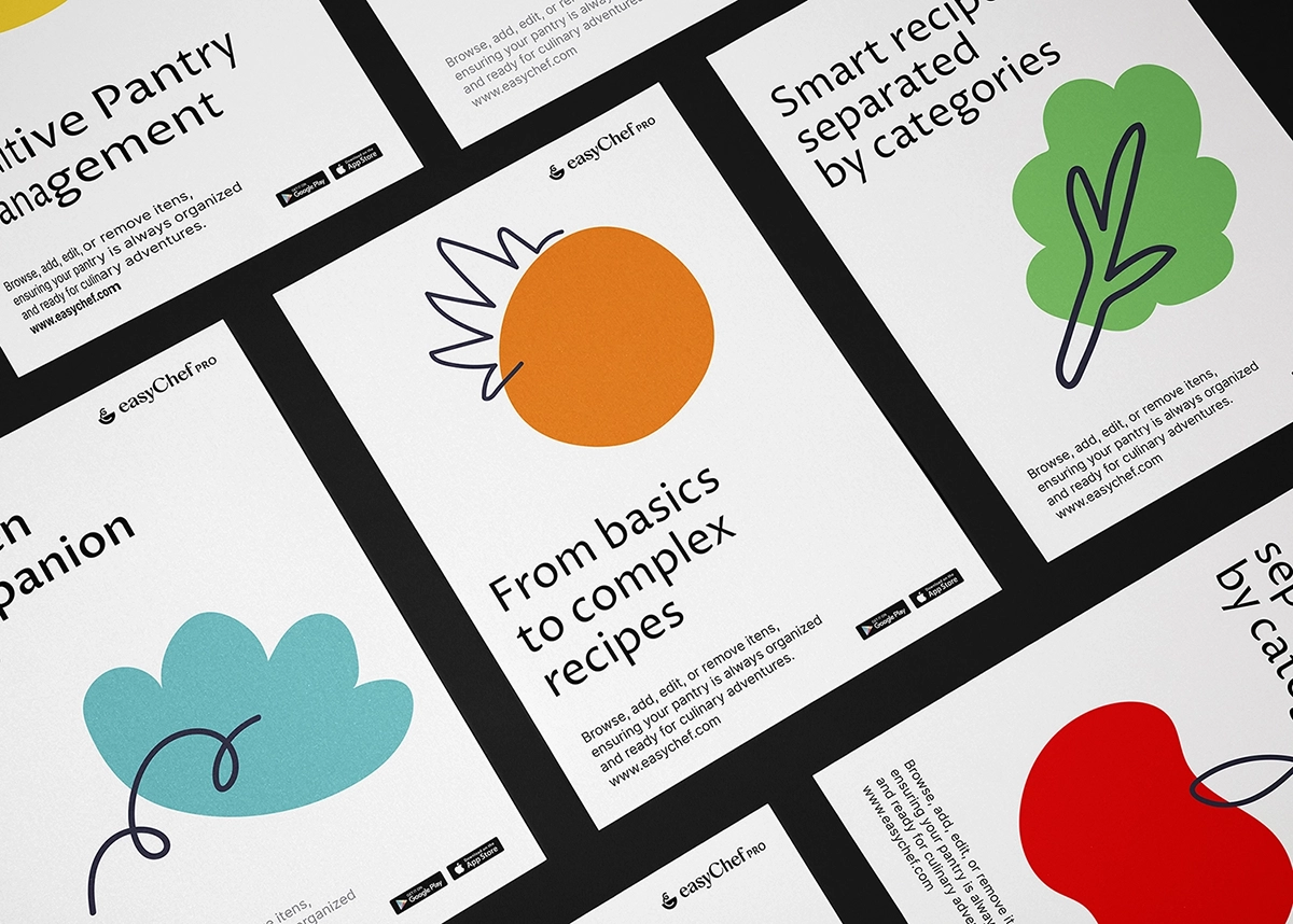 EasyChef Pro posters featuring colorful, minimal ingredient illustrations and simple typography.
