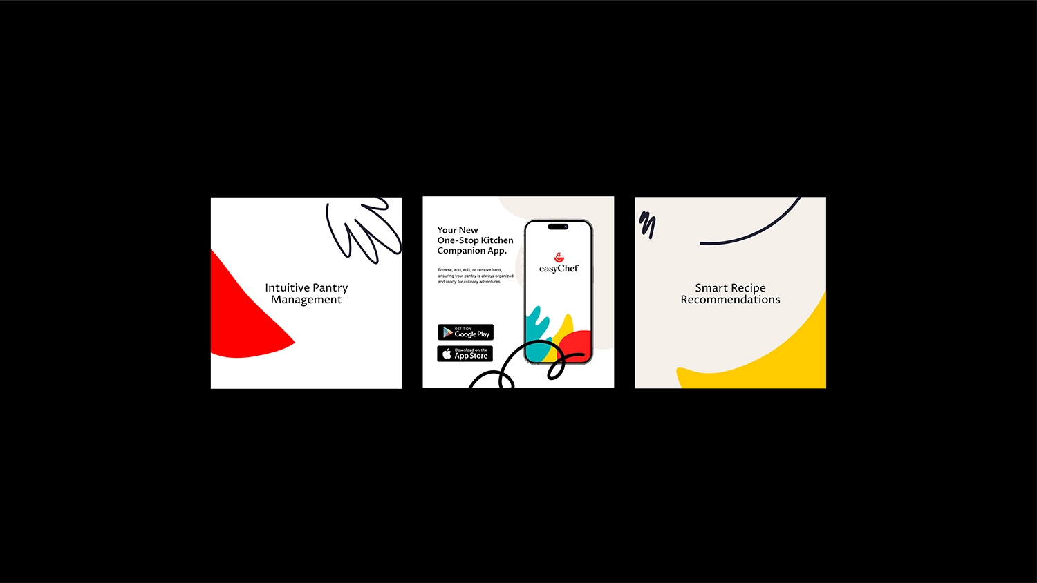 EasyChef Pro promotional visuals highlighting app features with abstract colorful shapes.