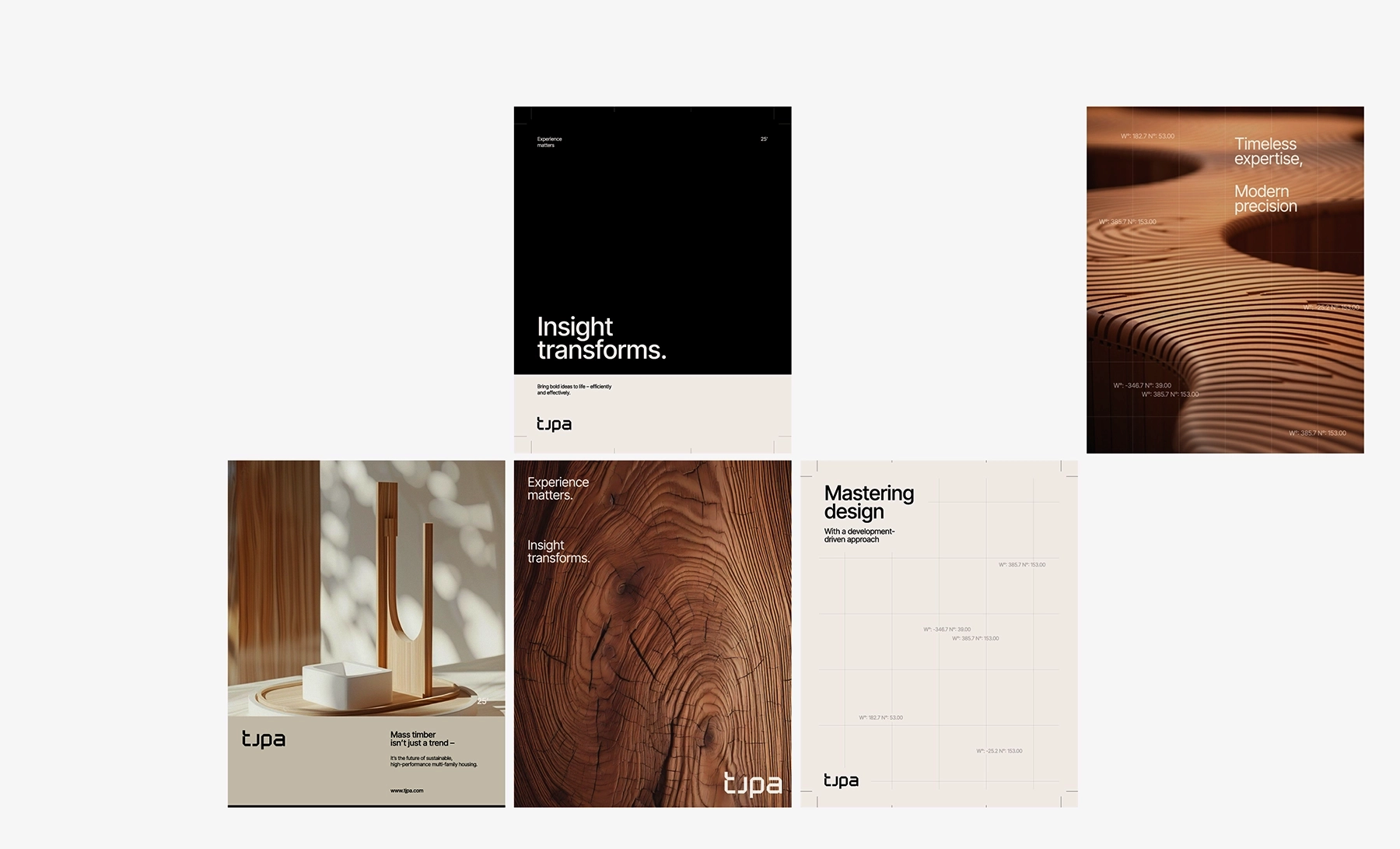 Grid of minimalist posters featuring natural textures and modern typography.