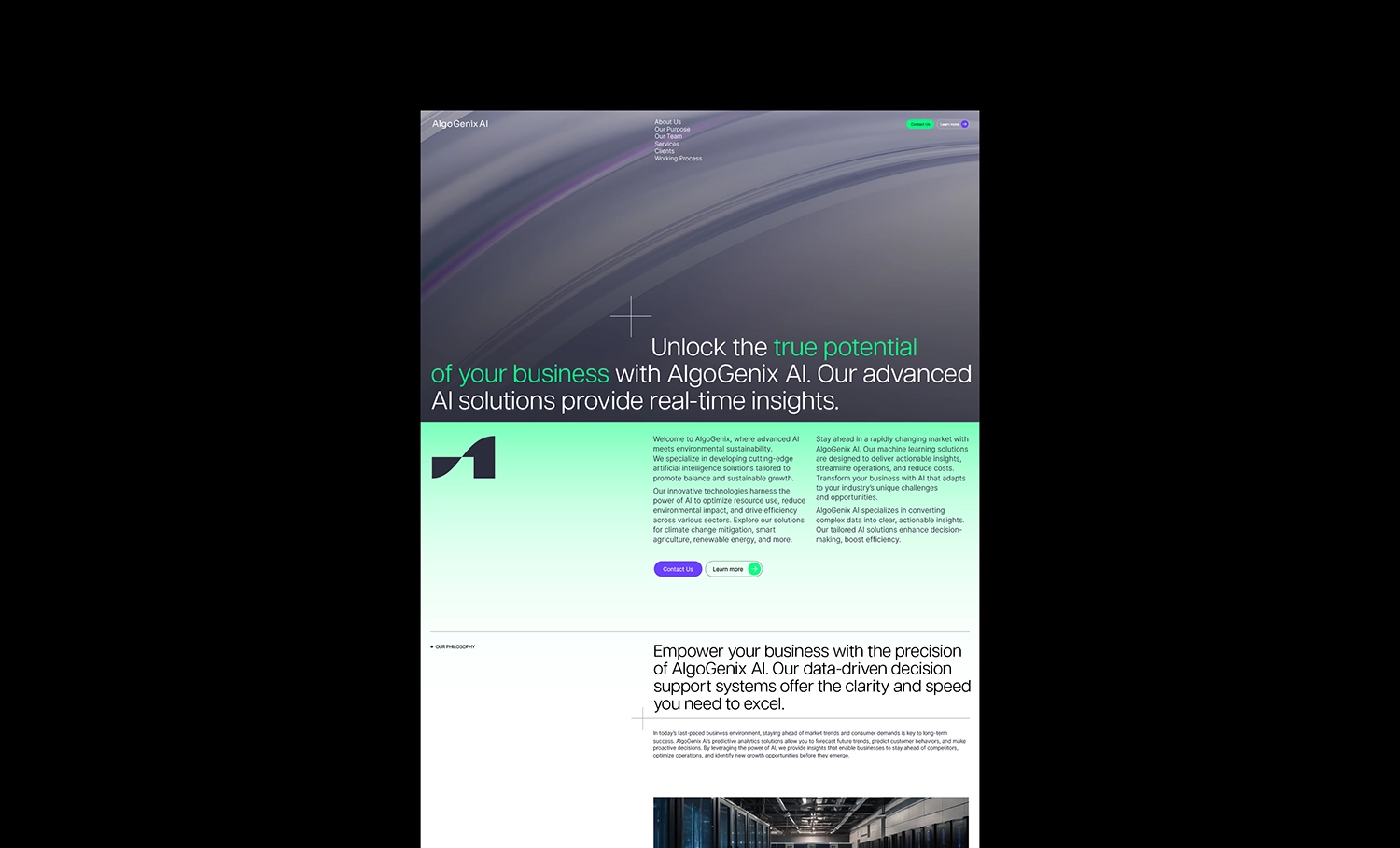 Full-page AI website design with gradient visuals and clean typography.