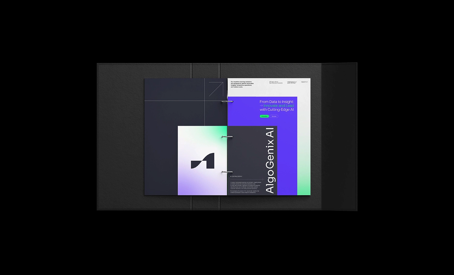 Binder spread showcasing AI brand materials in gradient tones.