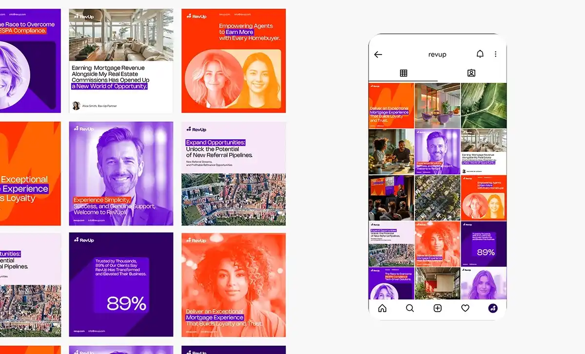 Grid of social media posts in bold orange and purple branding.