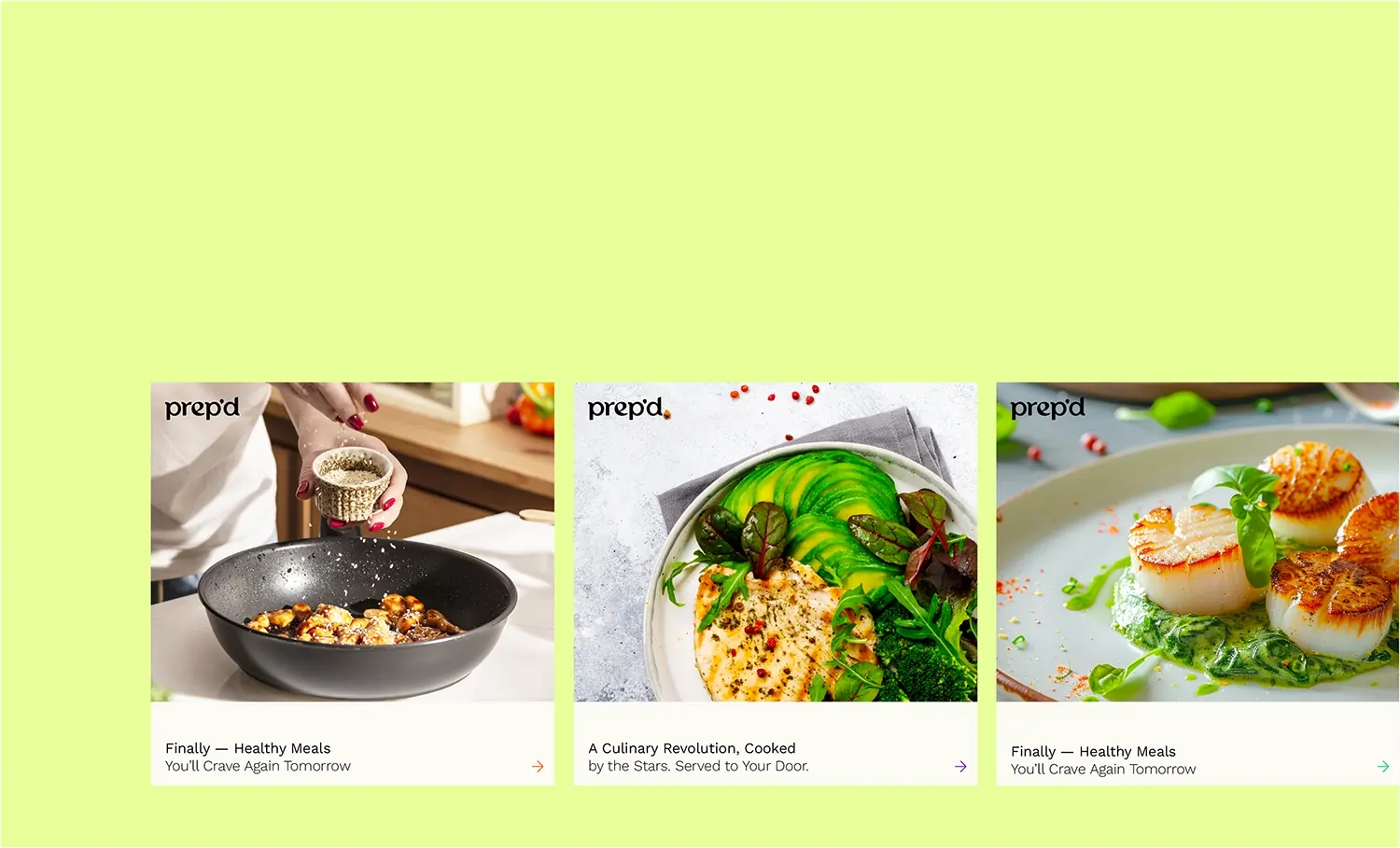 Three plated gourmet meals displayed on pastel background.