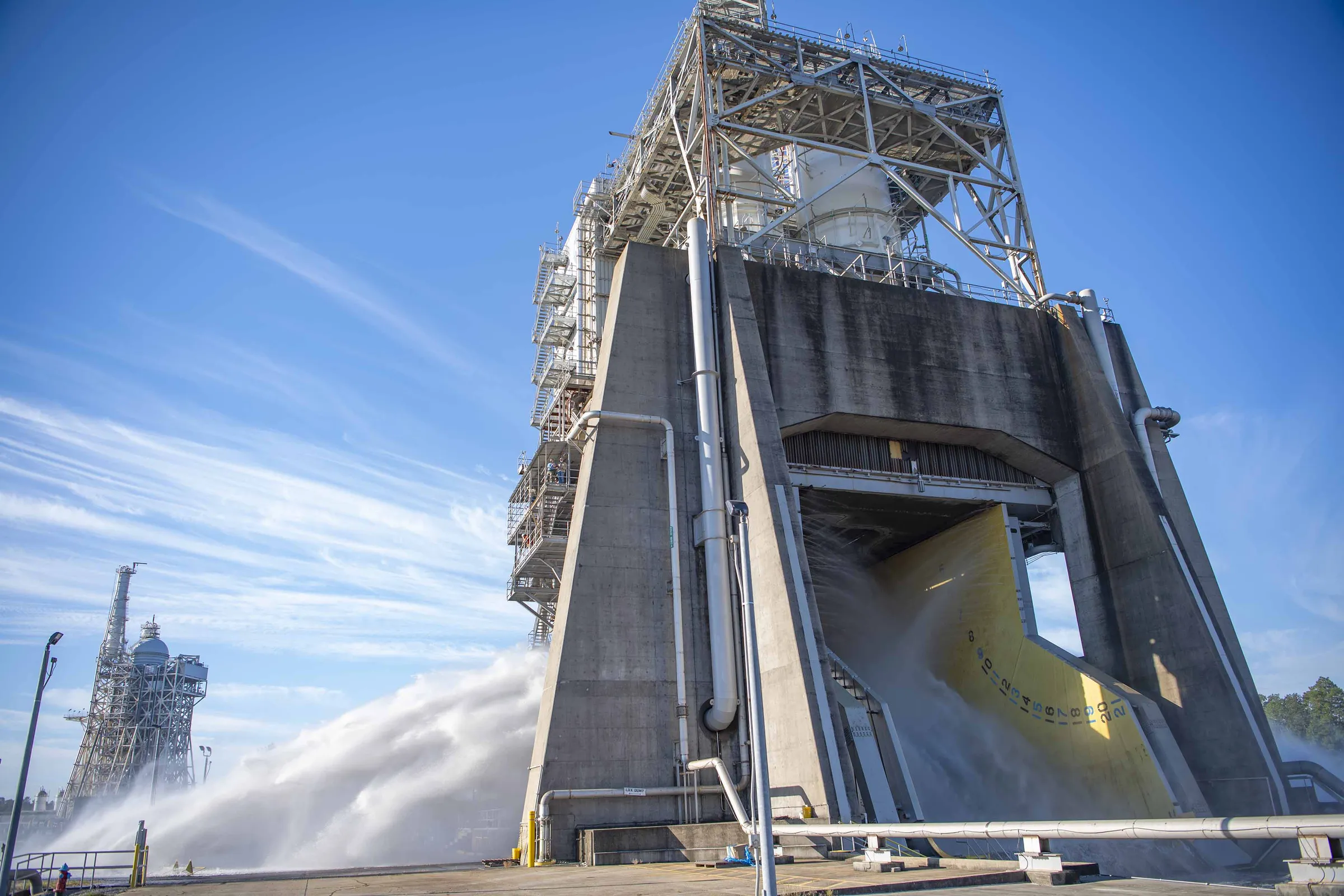 The A-1 test stand at NASA's Stennis Space Center during a water flow test