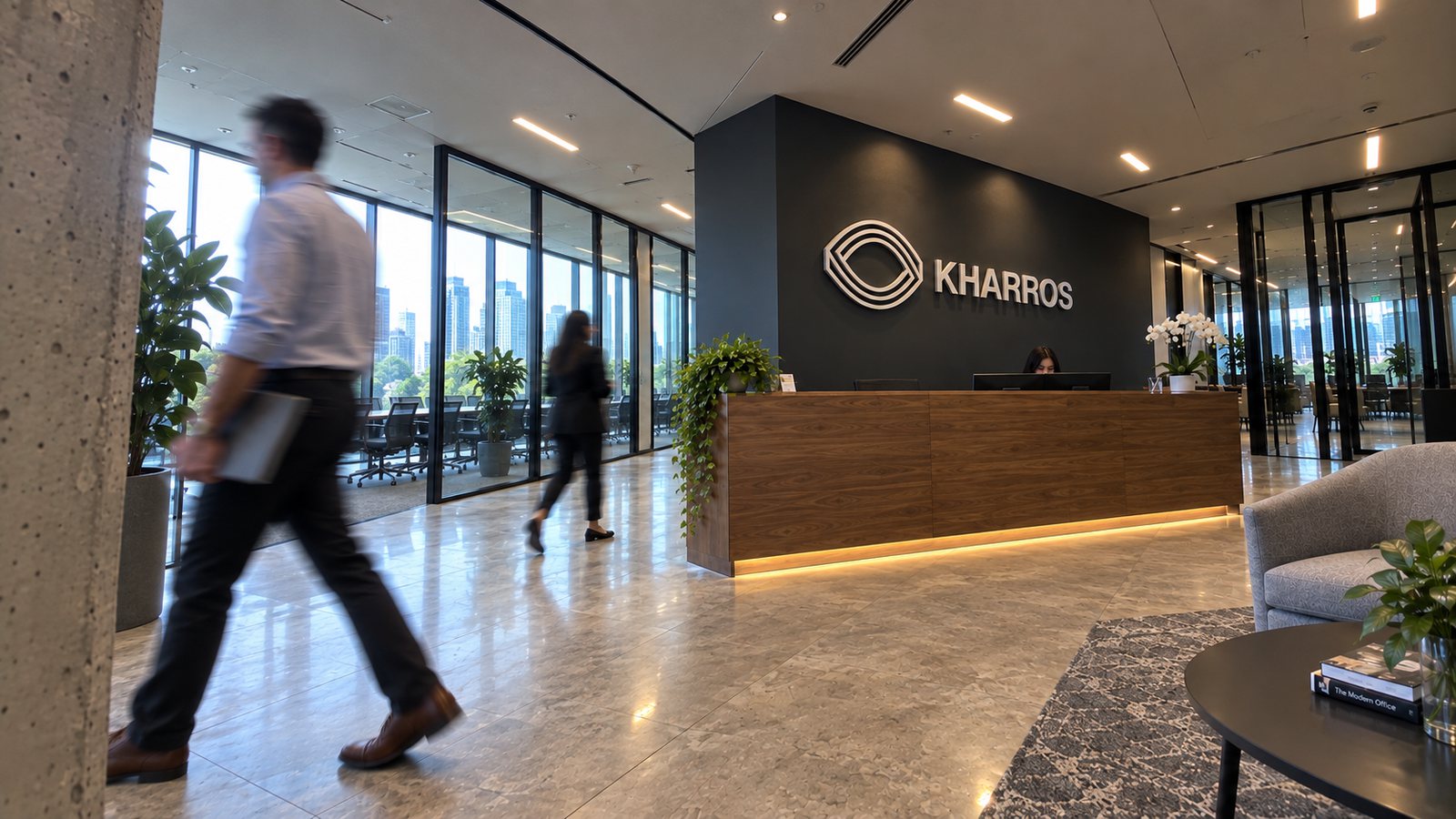Office reception with the Kharros wordmark