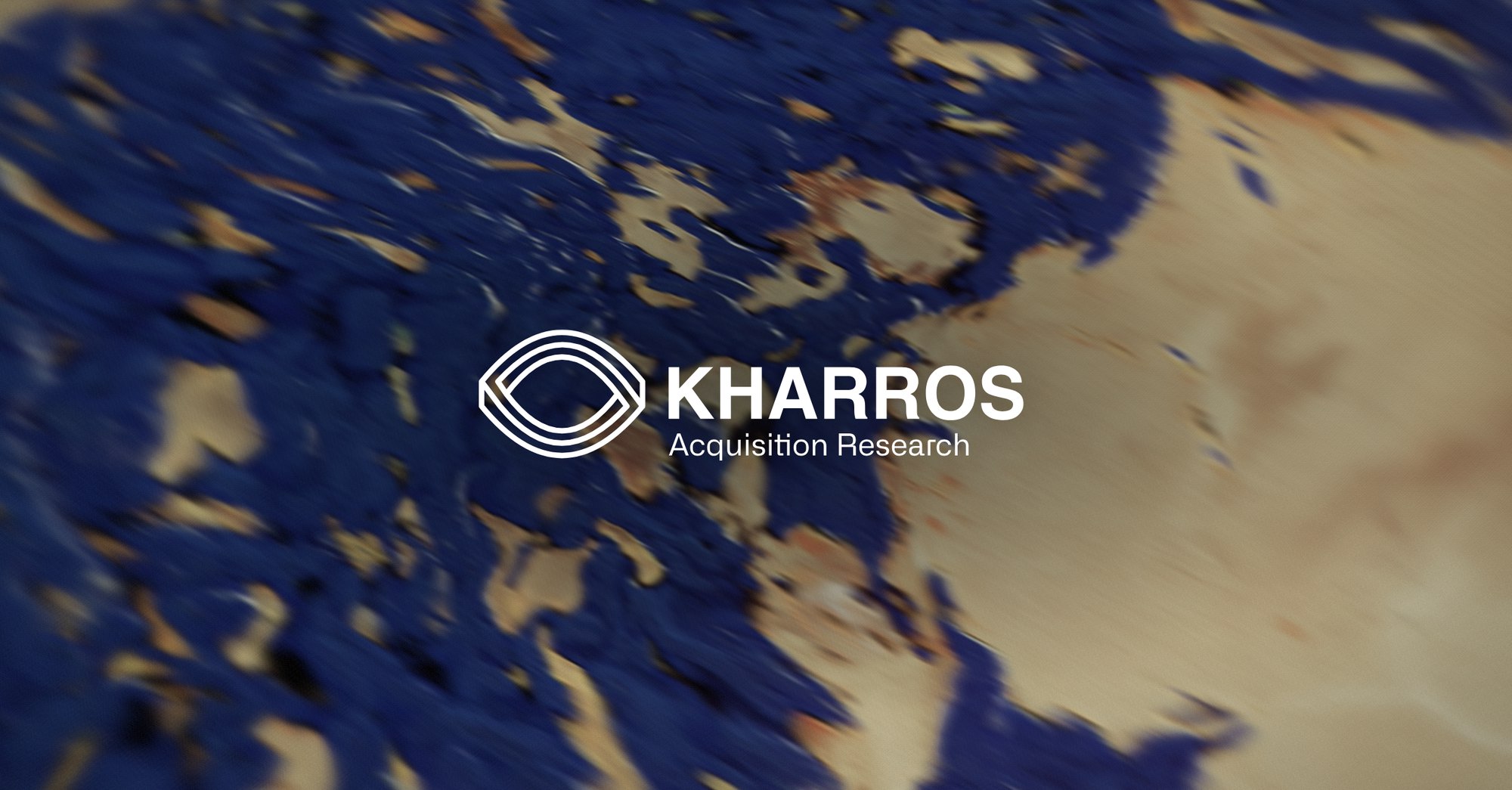Kharros Acquisition Research. Deep blue lakes against sand, marbled from a Landsat image