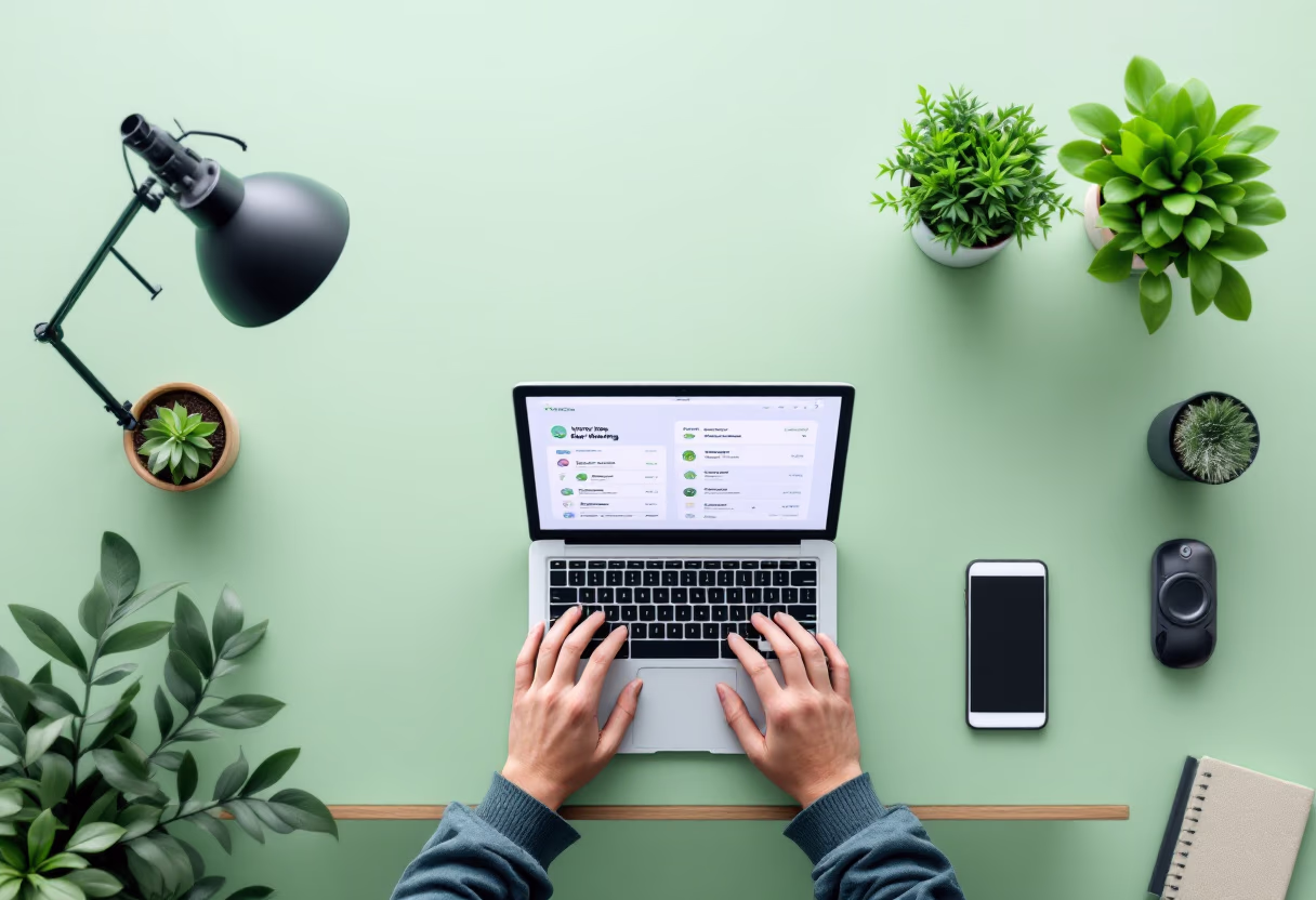 [background image] image of topdown photo of desk with laptop (for a food and agtech)