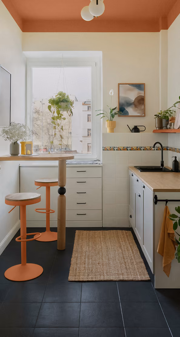 Narrow kitchen with bar stools and orange ceiling border