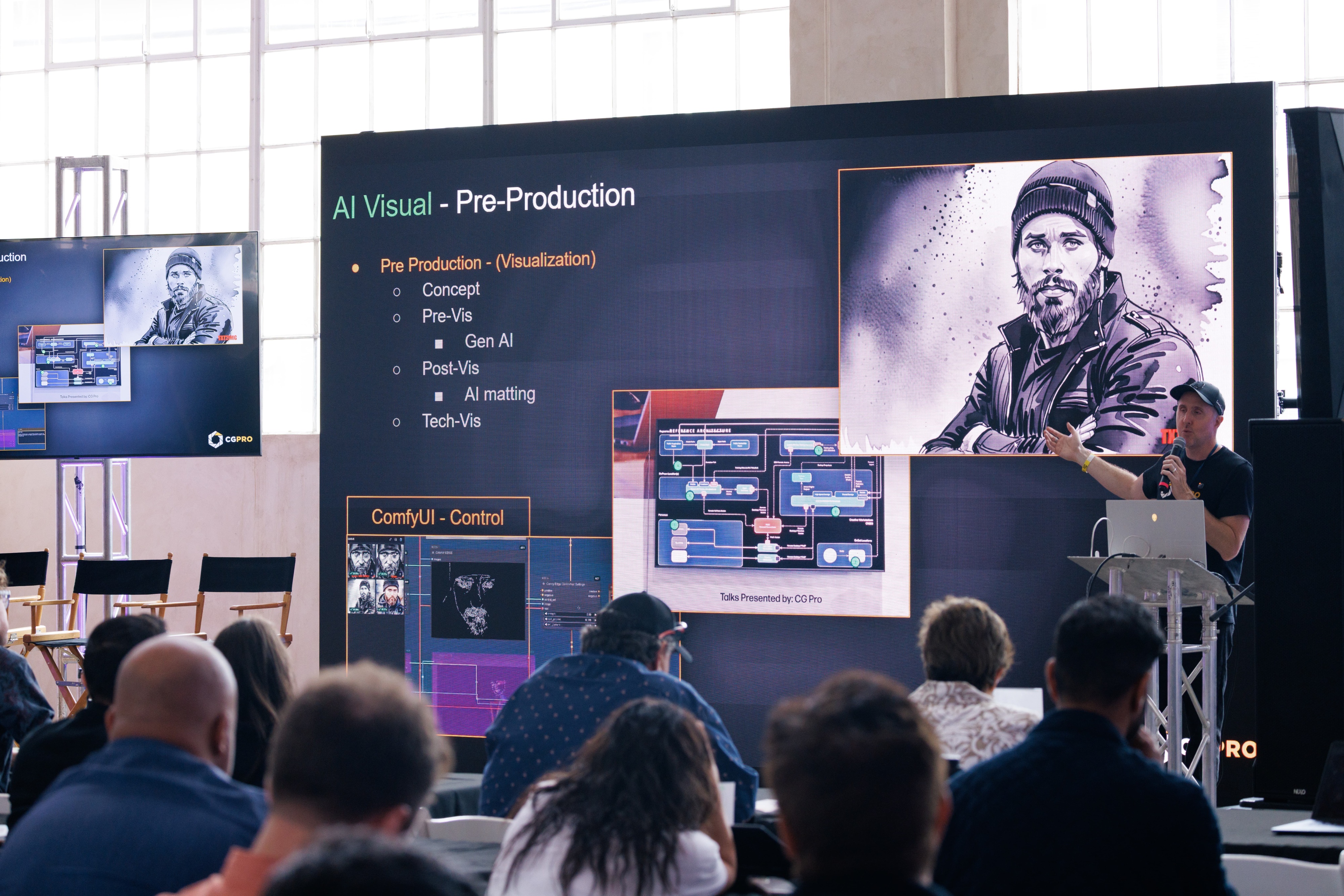 A workshop at AI on the Lot showing attendees how to use ComfyUI workflows. 